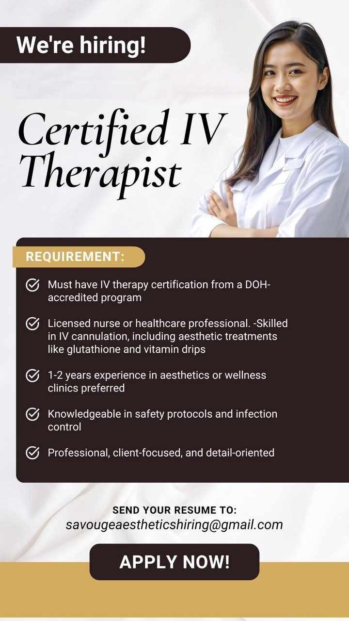 Company: SAVOUGE AESTHETICS AND MEDICAL CLINIC Looking for IV NURSE/ AESTHETIC NURSE Clinic Located at 2nd Floor, corner Lena St and Friendship Highway, Brgy. Anunas, Angeles City, Clark Pampanga ## Direct