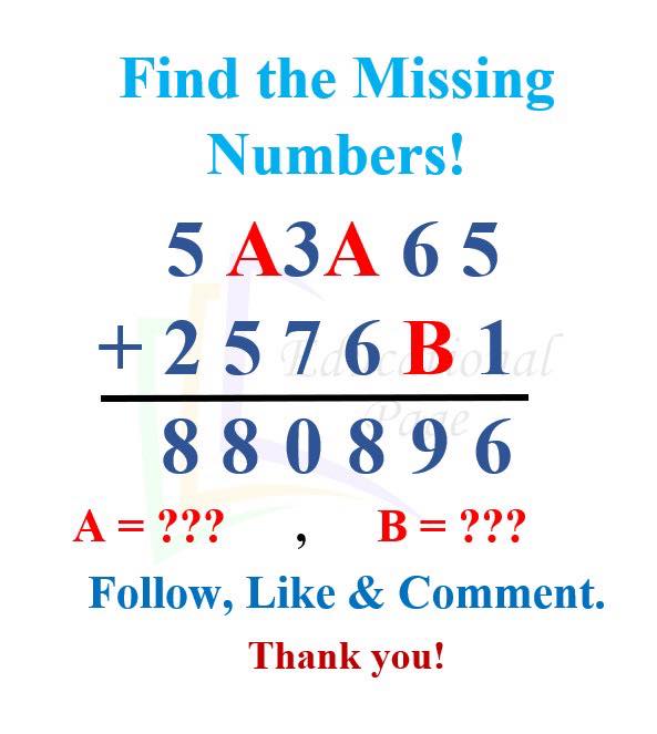Find the Missing Numbers! 5 A3A 6 5 +2576B1 880896 A=??? B