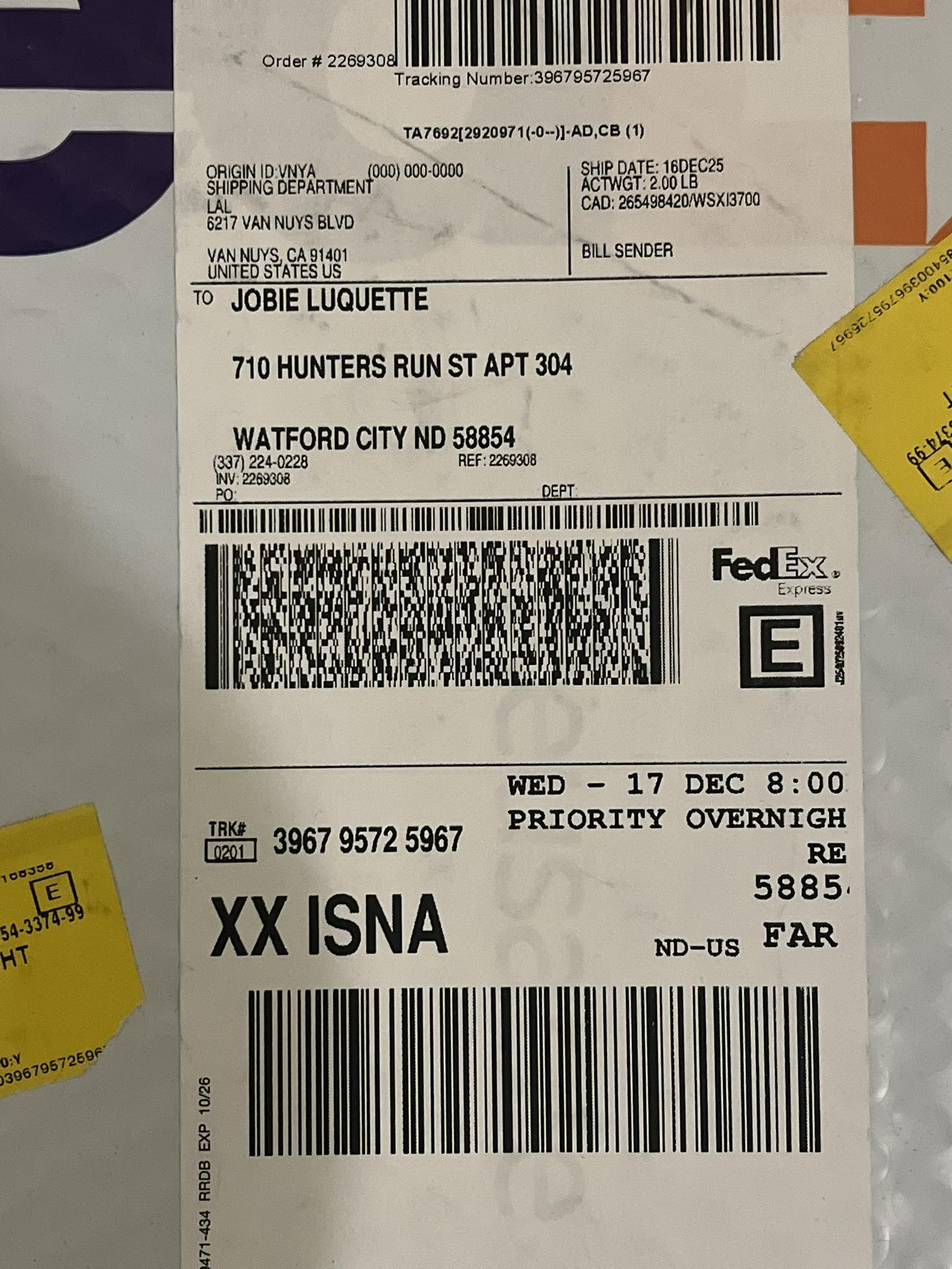 Anybody know this person? Order 2269308 Tracking Number