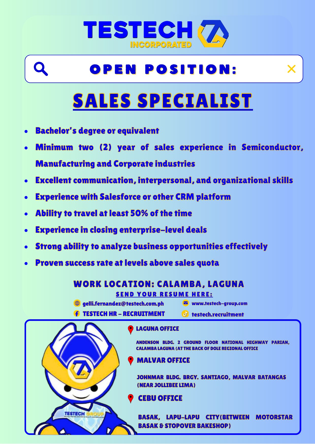 Calamba job hiring | ‼ TESTECH INCORPORATED IS NOW HIRING ‼ | Facebook