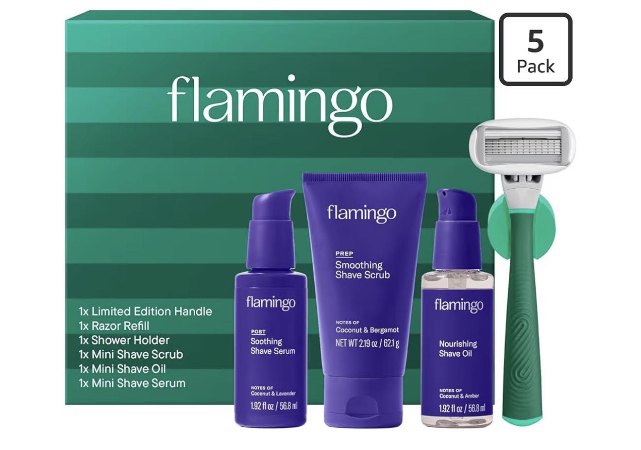 Flamingo shave set 💜✨ includes razor, scrub, oil & serum for a