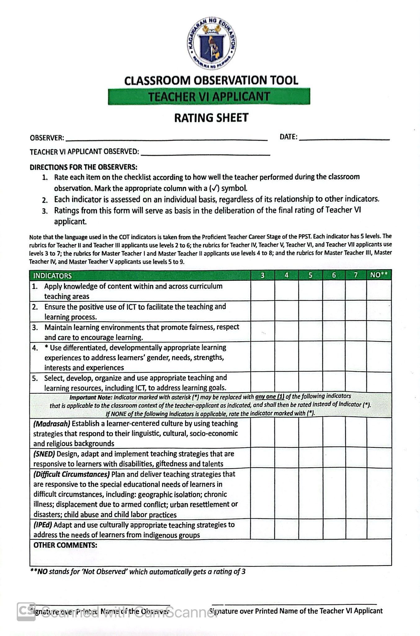 Rating sheets for Classroom... - Marcial Mendoza Acha Jr. | Facebook