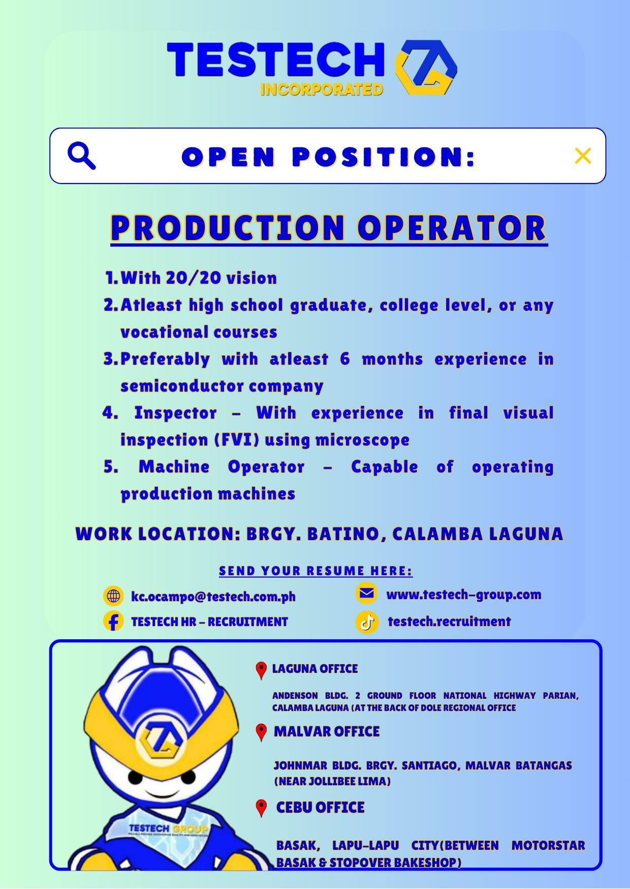 LAGUNA MEGA JOB HIRING | ‼ TESTECH INCORPORATED IS NOW HIRING ‼ | Facebook