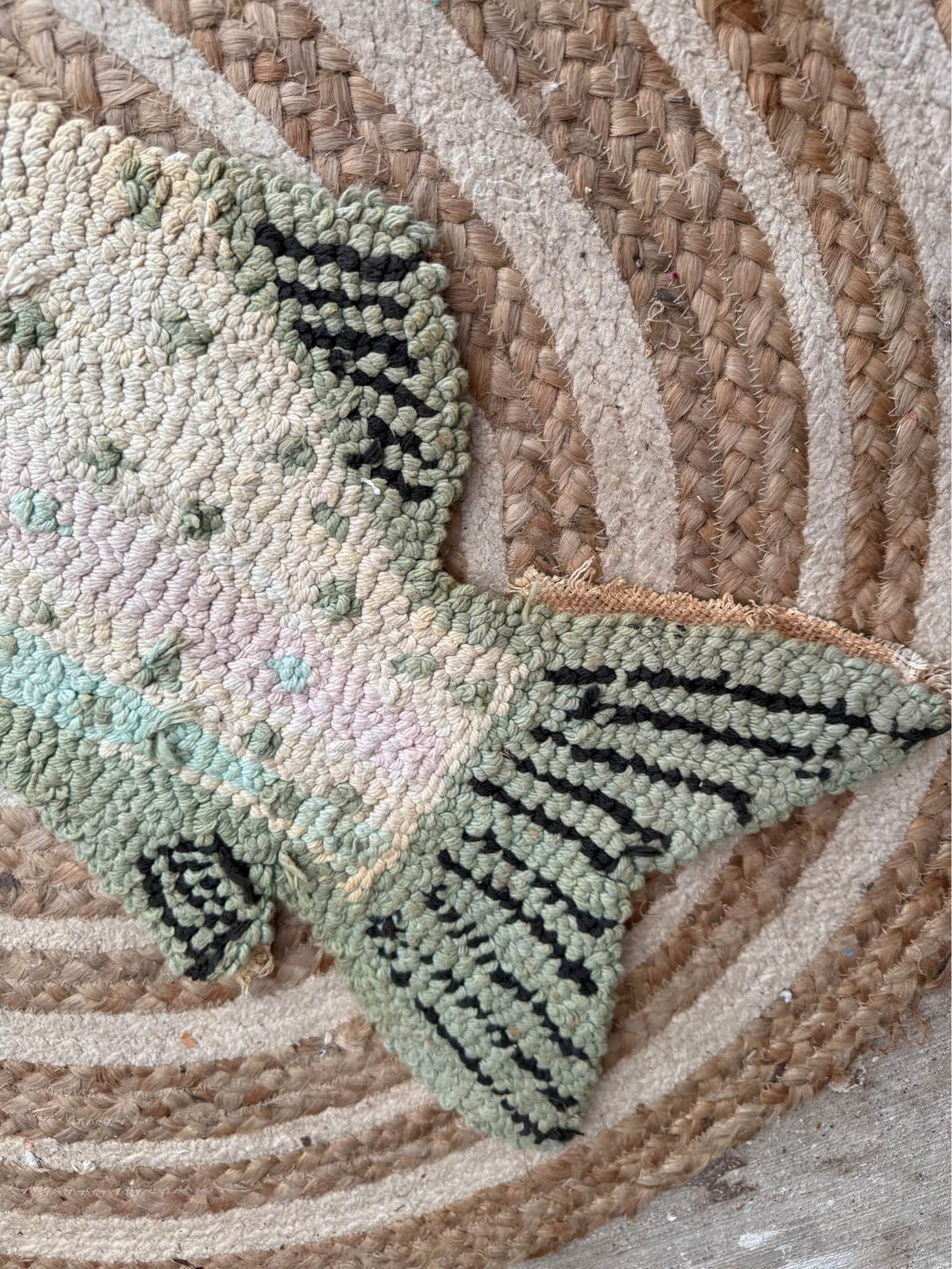 Vintage Handmade Hooked Fish Rug 36” – Primitive Folk Art Wool Accent ...