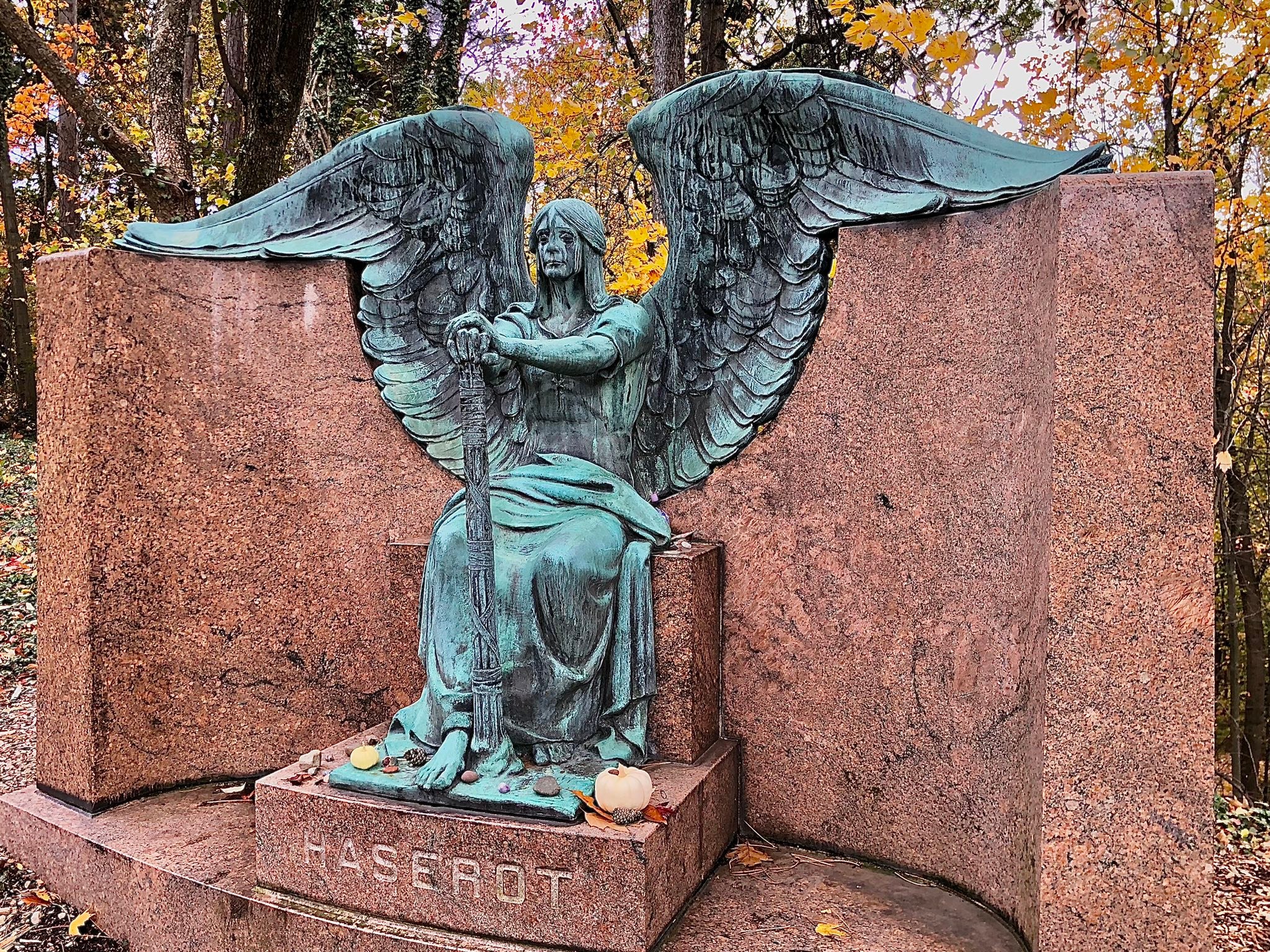 Haserot Angel statue in Cleveland, Ohio, receives gifts from visitors