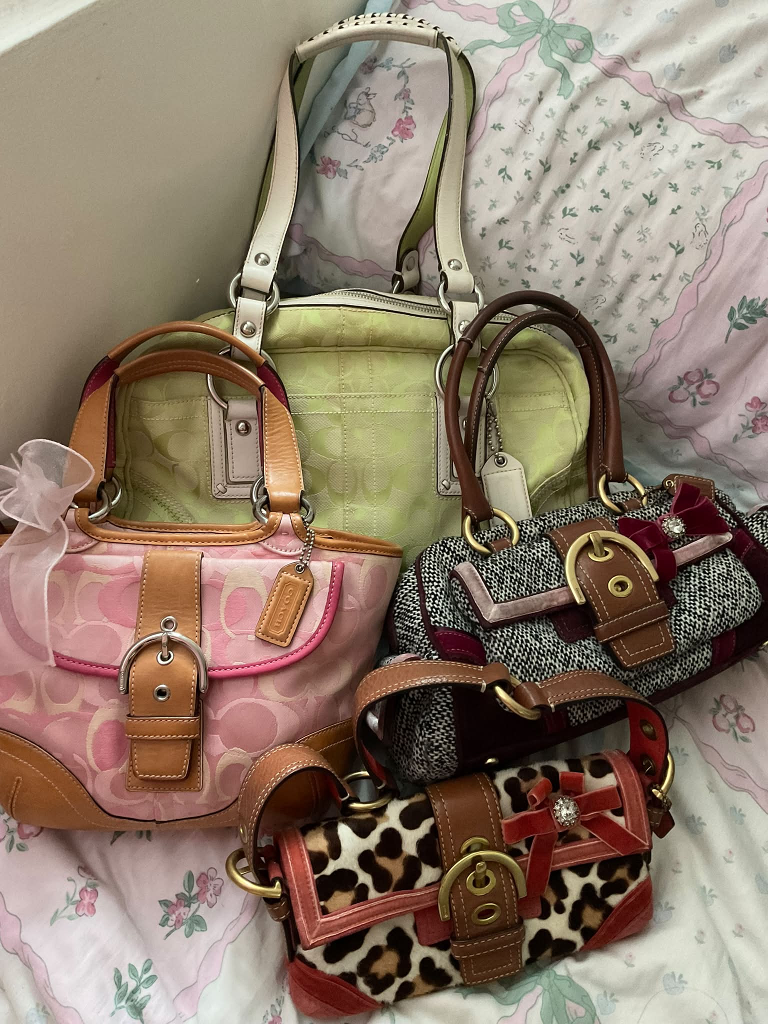 Rare Coach handbags, including kimono and ocelot prints, showcased