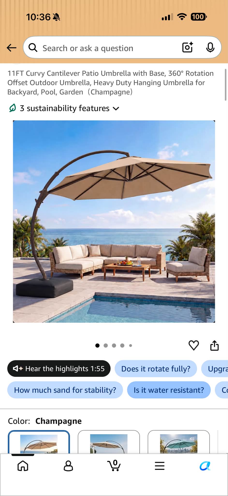 11-ft greige solar powered crank cantilever patio umbrella with base 11' x 11' Granada 120 Square Upgrade your pool or patio with PURPLE LEAFs luxury telescopic cantilever umbrella Stay cool and protected from