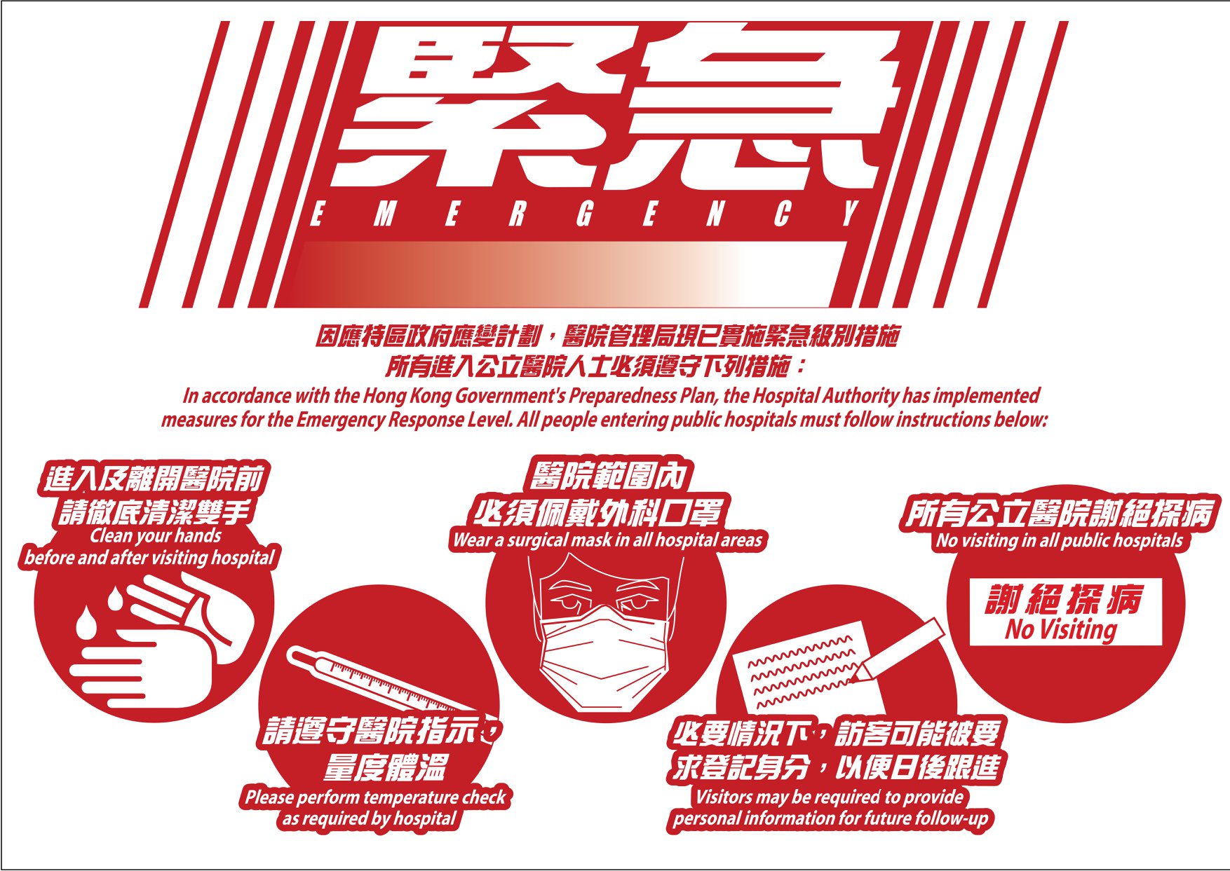 政府新聞網 - 【高度戒備⚠️】醫管局已經啟動緊急應變級別，全面暫停公立醫院嘅探病安排；所有出入醫院嘅人士都必須遵守以...