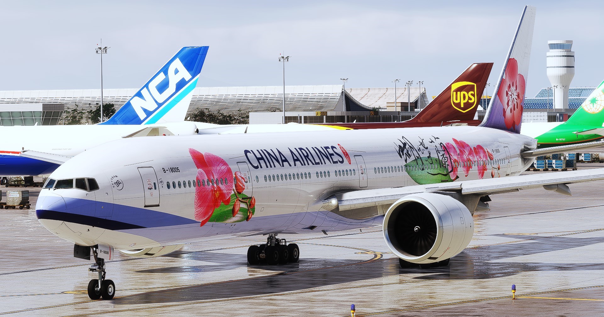 China Airlines B777-300ER in butterfly orchid livery takes off