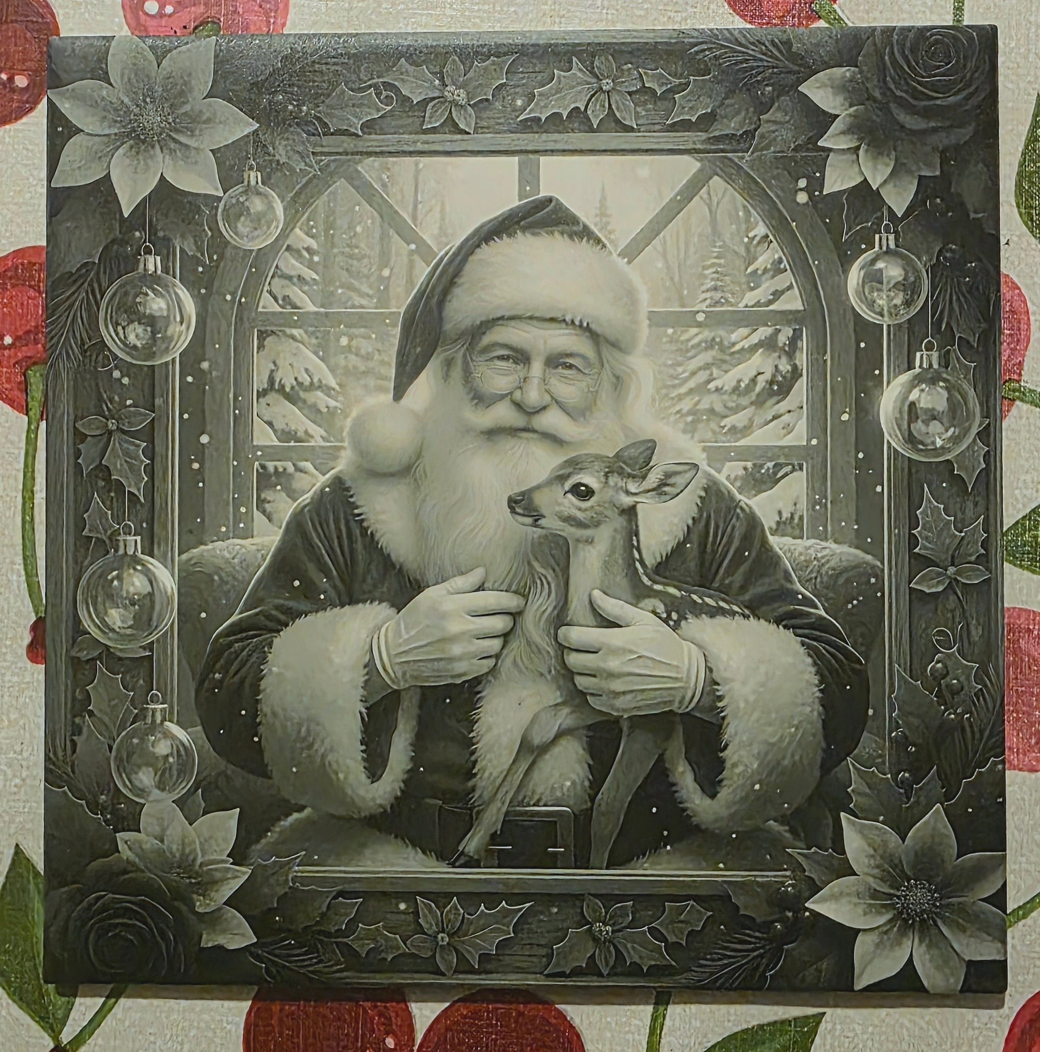 Laser engraved Santa Claus on ceramic tile with acrylic spraypaint