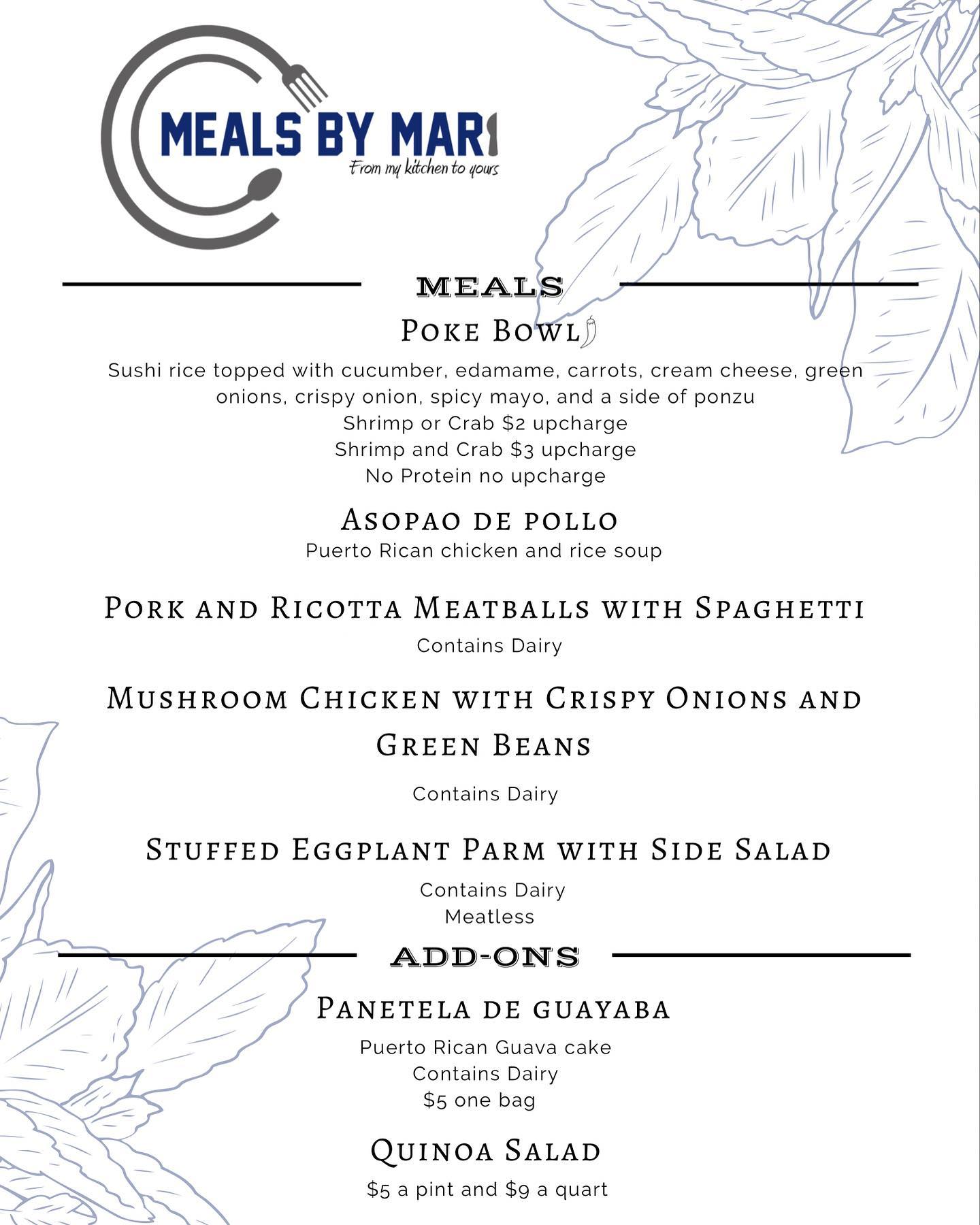 Meals By Mari - 🚨🚨 A NEW MENU ALERT 🚨🚨. This menu is for... | Facebook