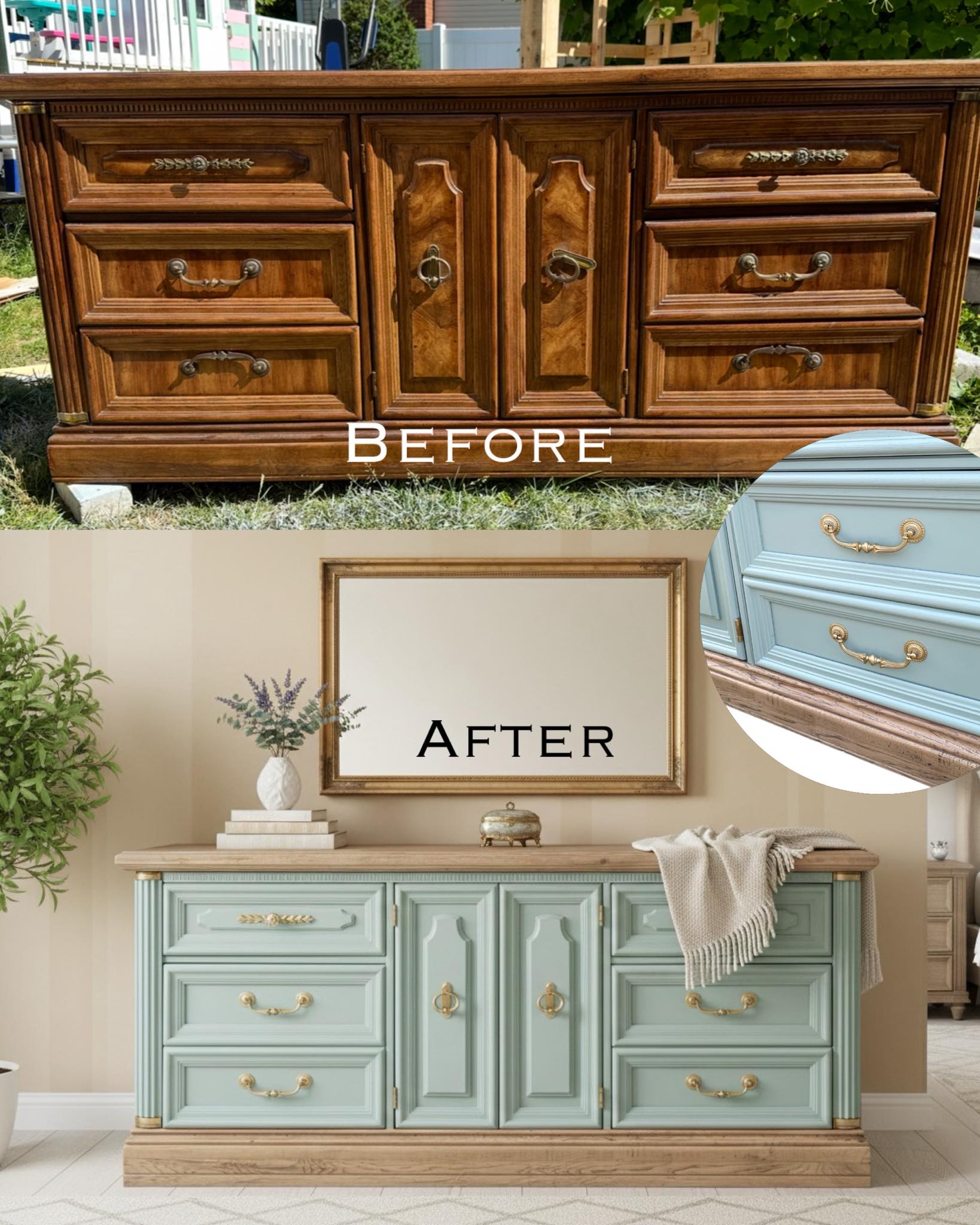 light brown painted dresser makeover with wood and blue paint Features 9 drawers crafted