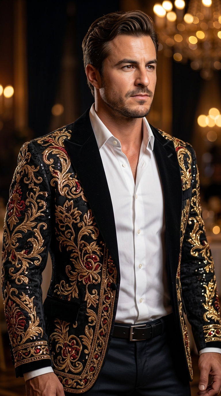 men in black outfit with gold accessories