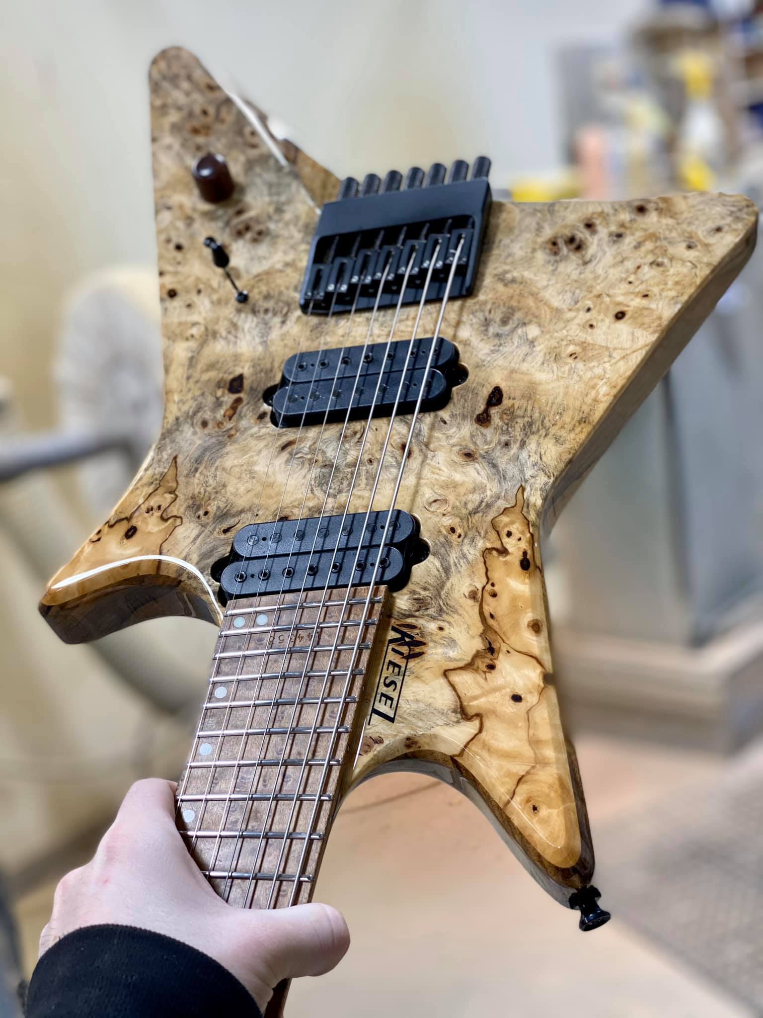 A gorgeous Zeus 6 string multiscale with a Birdseye Maple fretboard.