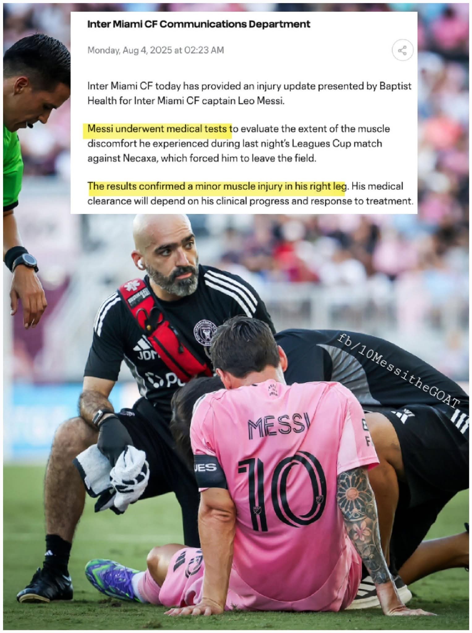 🚨❗️The test results on Lionel Messi confirmed a minor muscle