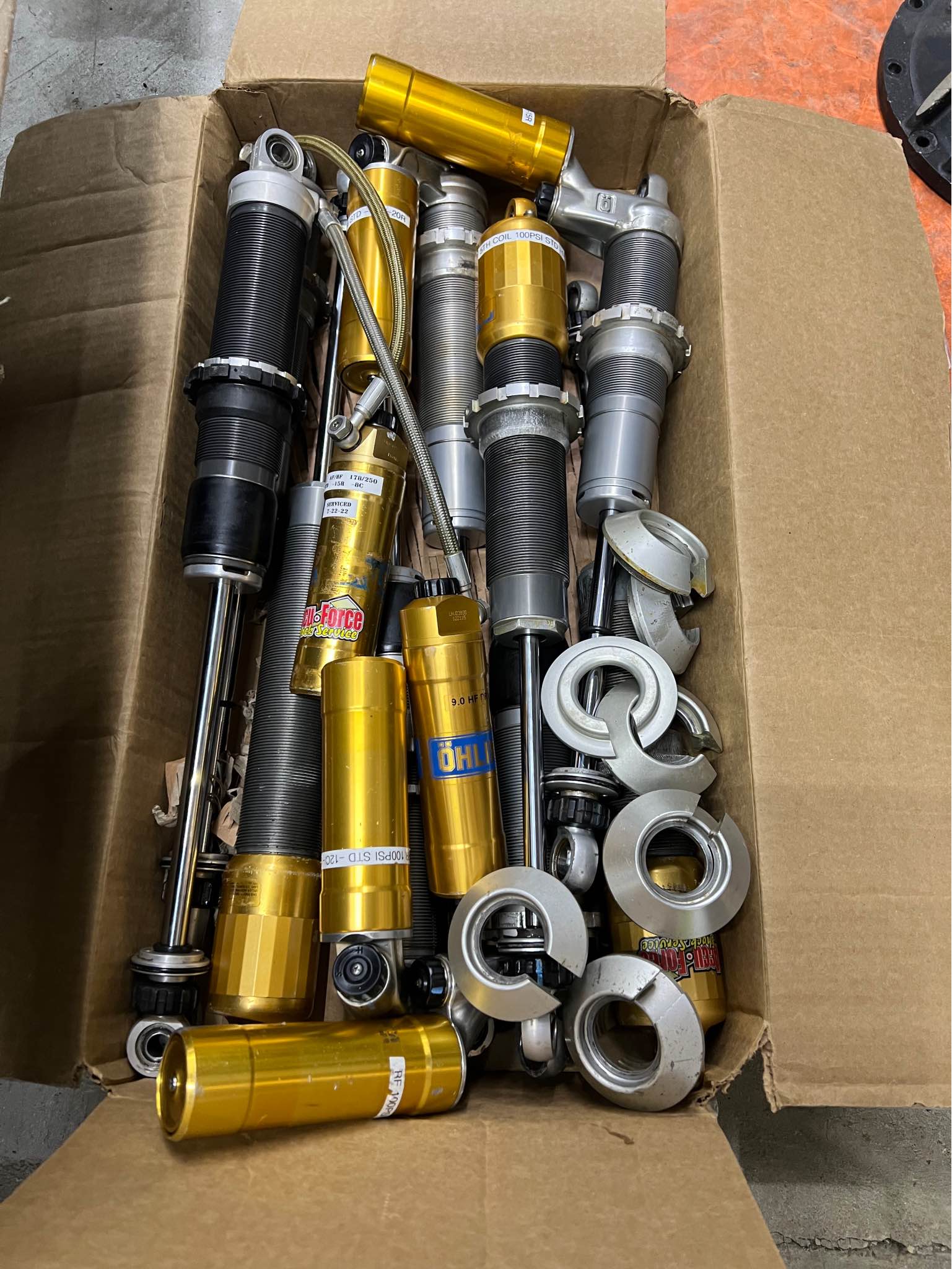 Good set of Ohlins . RF,LF, LR, RR and 5th. Comes with the