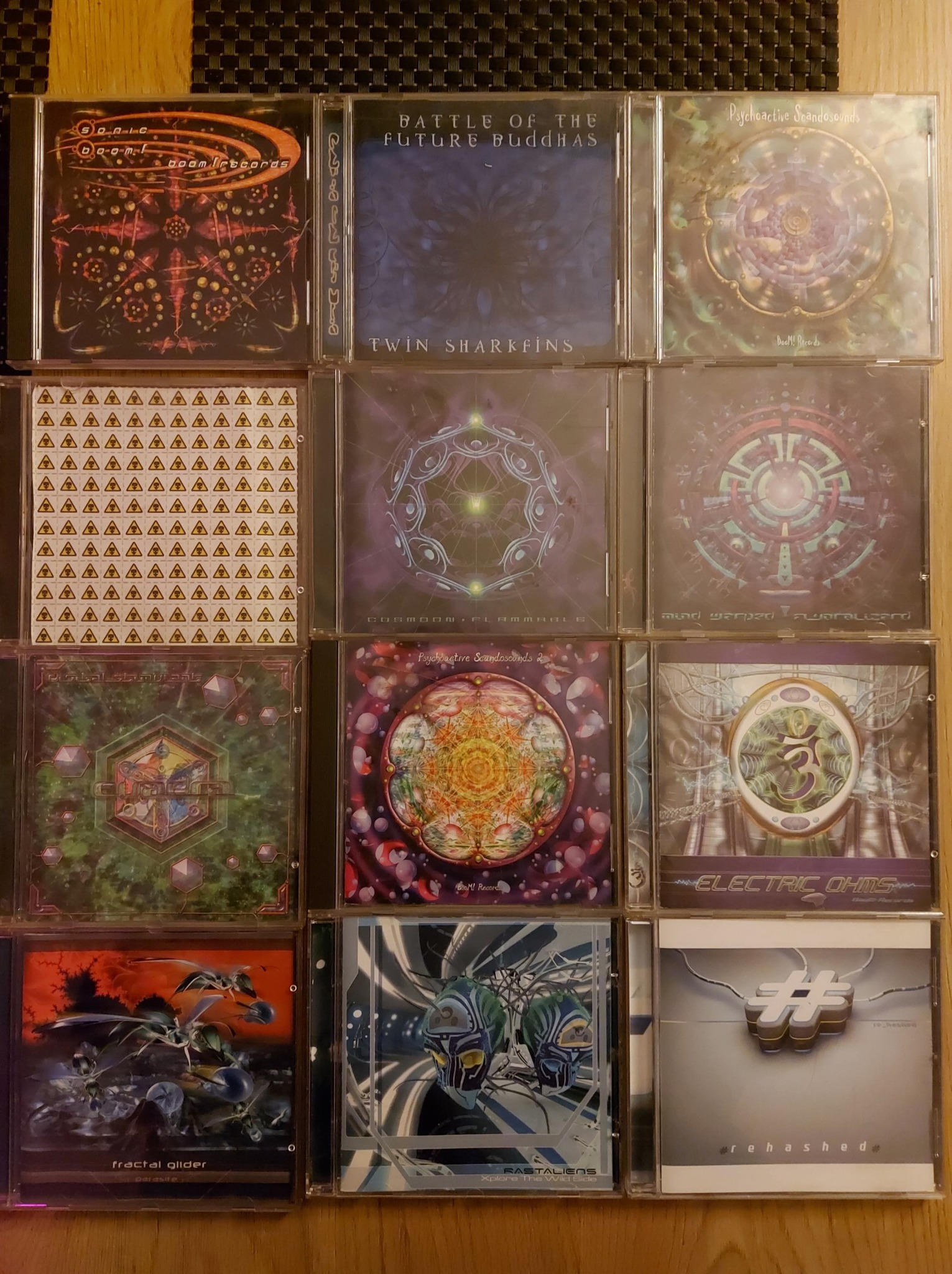 Retro trance music CD collection featuring Twin Sharkfins and more