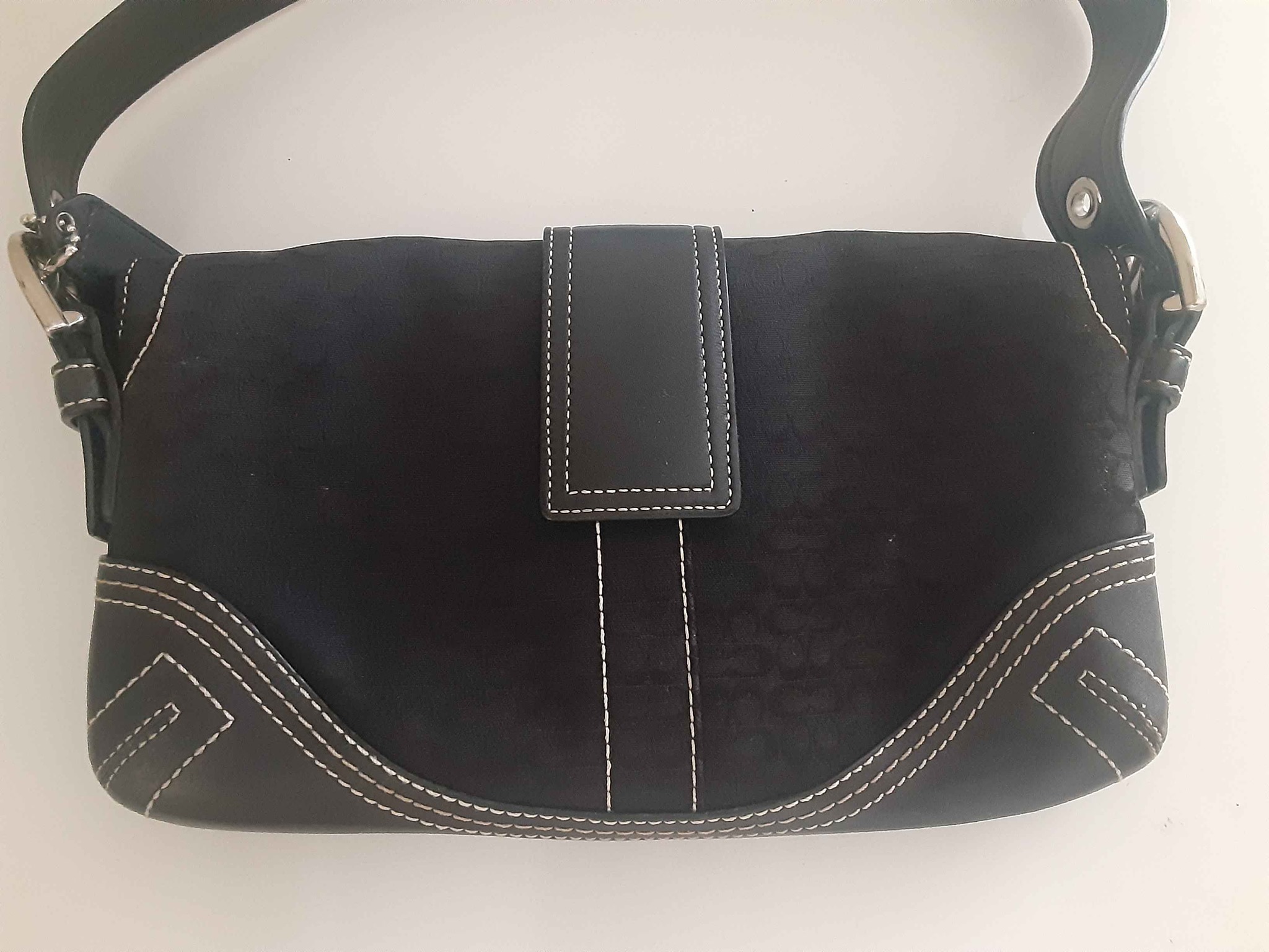 Auth Coach Mini Signature 3628 Canvas,Leather Shoulder Bag Black 