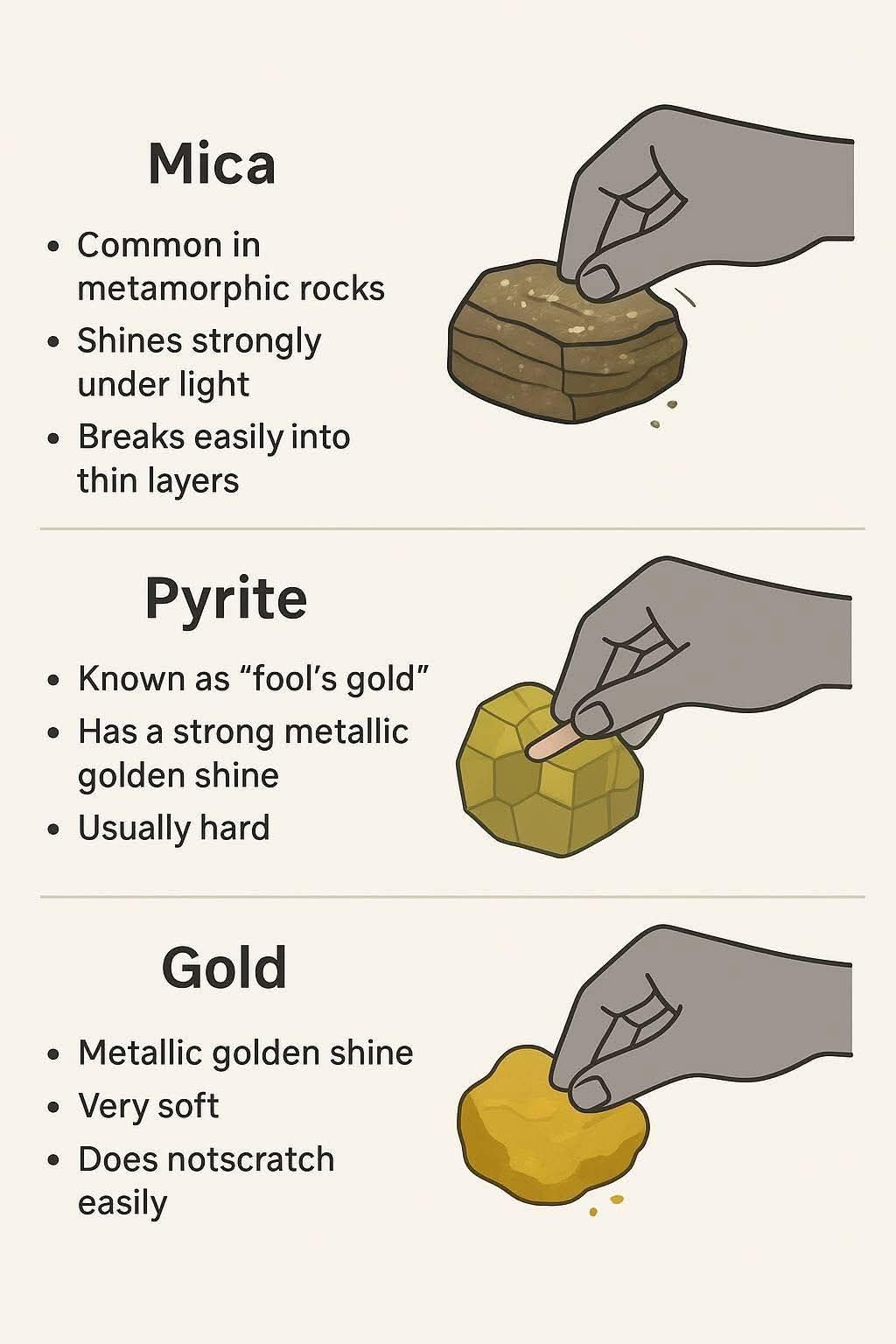 경덕 - 아래 이미지는 금(Gold)과 겉모습이 비슷해서 혼동하기 쉬운 운모(Mica)와 황철석(Pyrite)인데 구별되는 ...