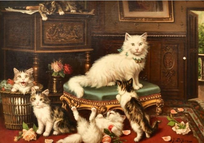 Jules LeRoy's oil painting of cats in a parlor