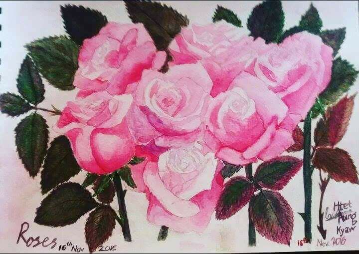油彩画 ミャンマー人画家 KO KHIN MG''ROSES'' 1996年 Myanmar watercolor roses by Khin Moe Pwint