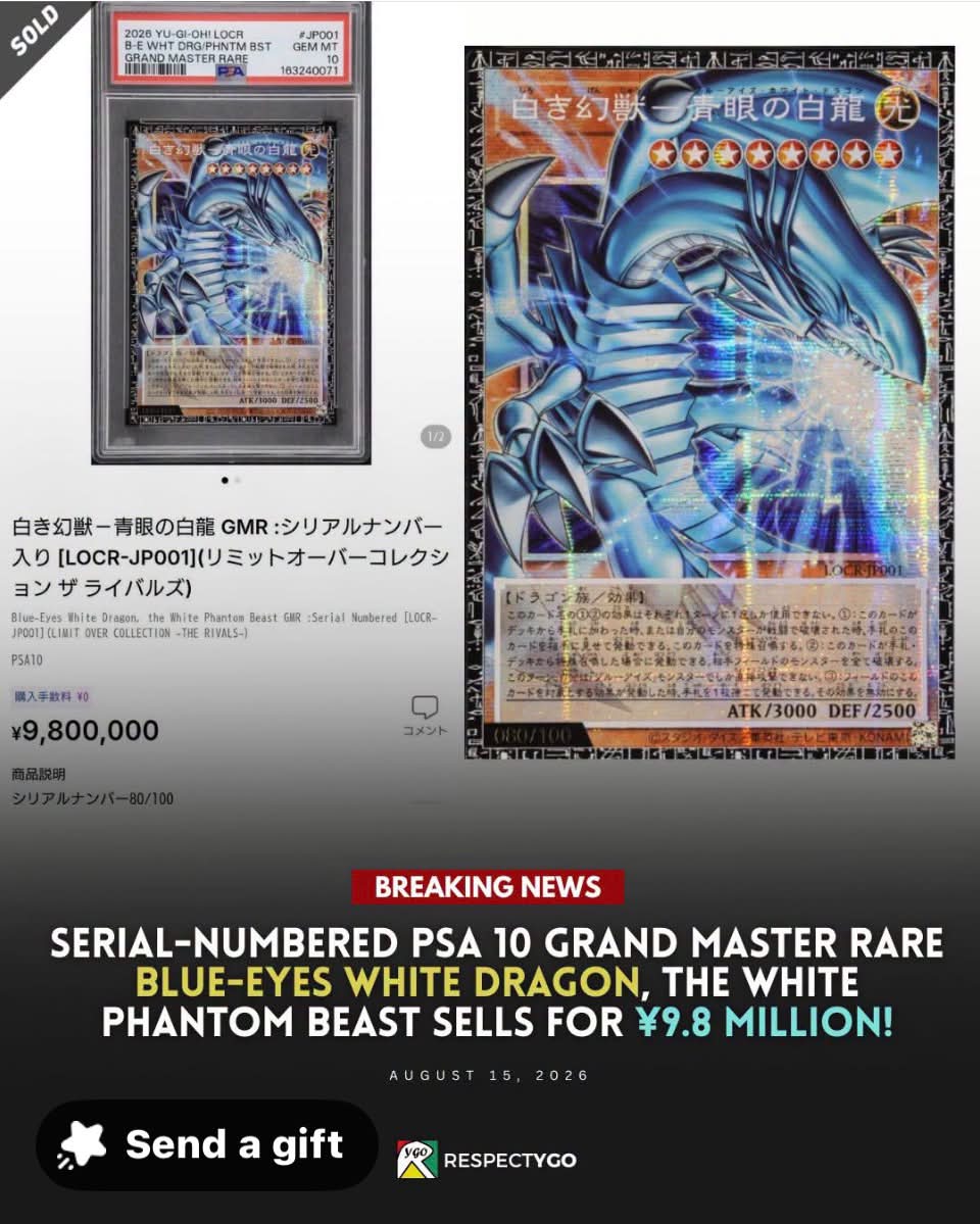 Blue-Eyes White Dragon Grand Master Rare sells for $67,000 USD