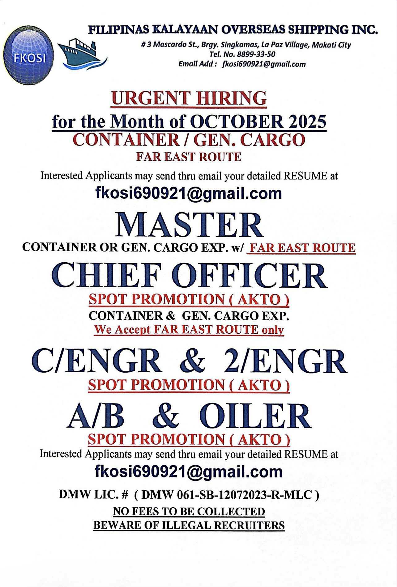 SEAMAN JOB HIRING BULK OILCHEM CONTAINER VLCC GEN.CARGO PCC H-LIFT LPG ...