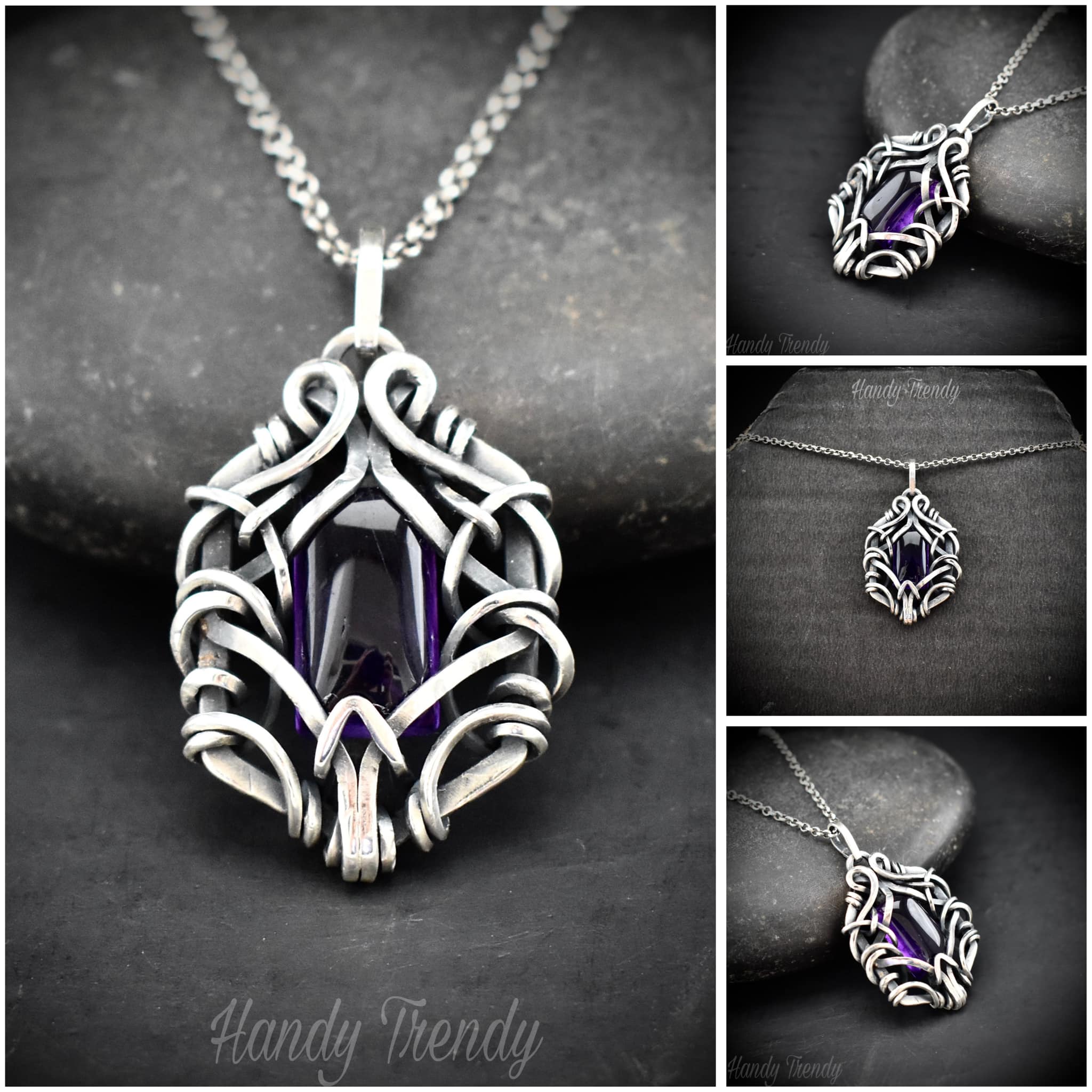 Purple amethyst pendant necklace with silver chain