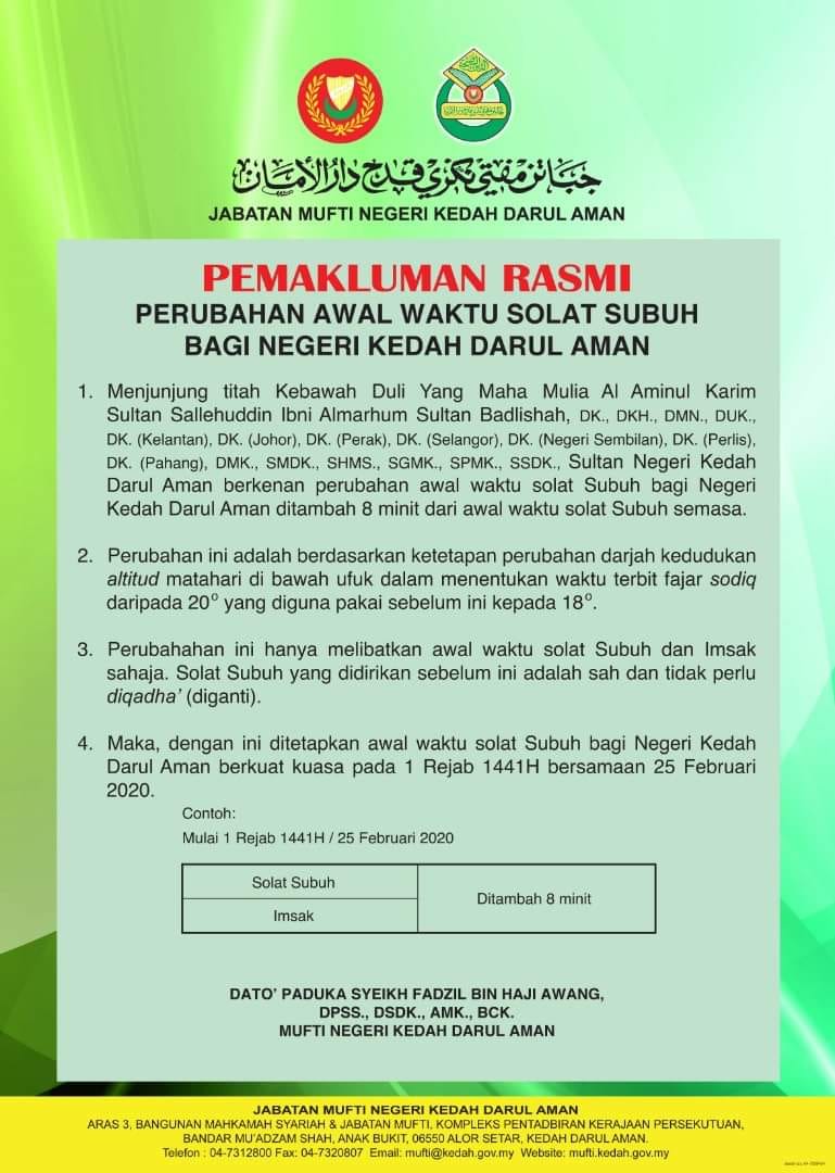 Shahrizan Farm Perubahan Awal Waktu Solat Subuh Dan Imsak Bagi Negeri Kedah Kredit Portal Rasmi Jabatan Mufti Negeri Kedah فيسبوك