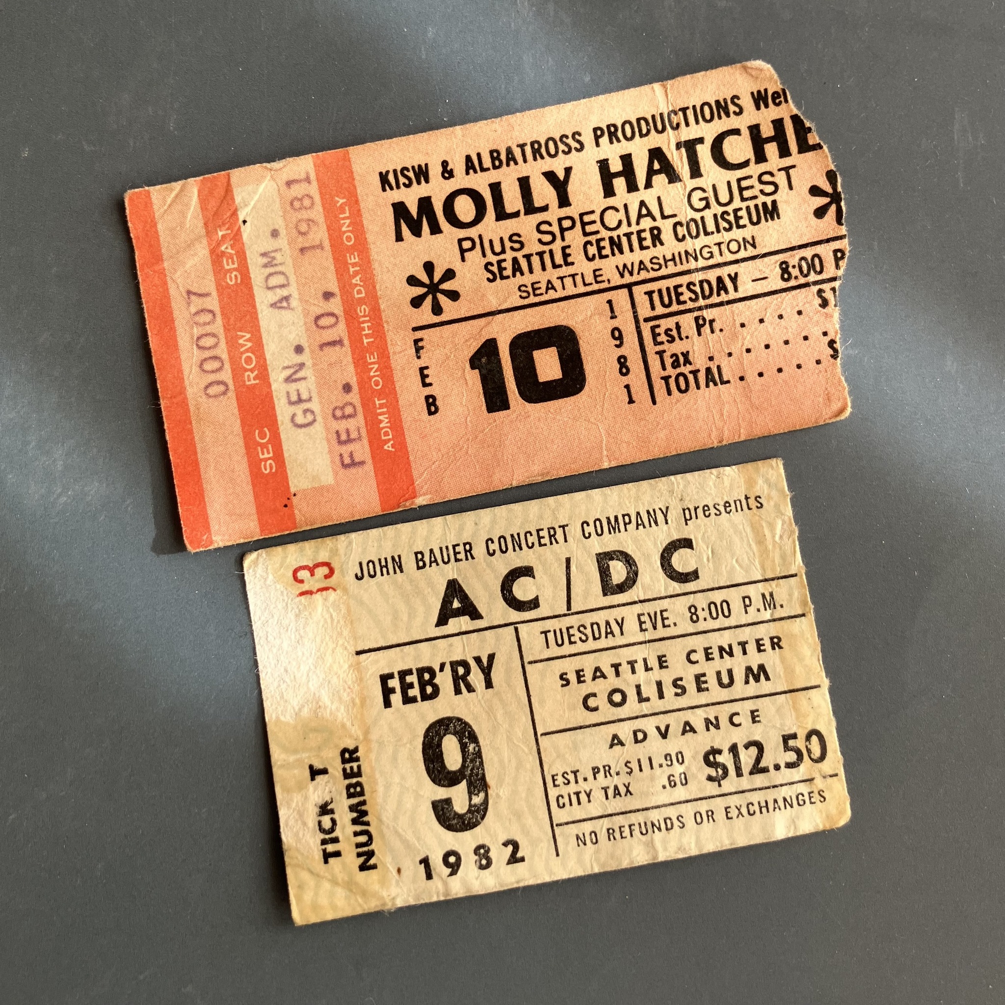 Vintage AC/DC and Hatchet concert tickets from 1981 and 1982
