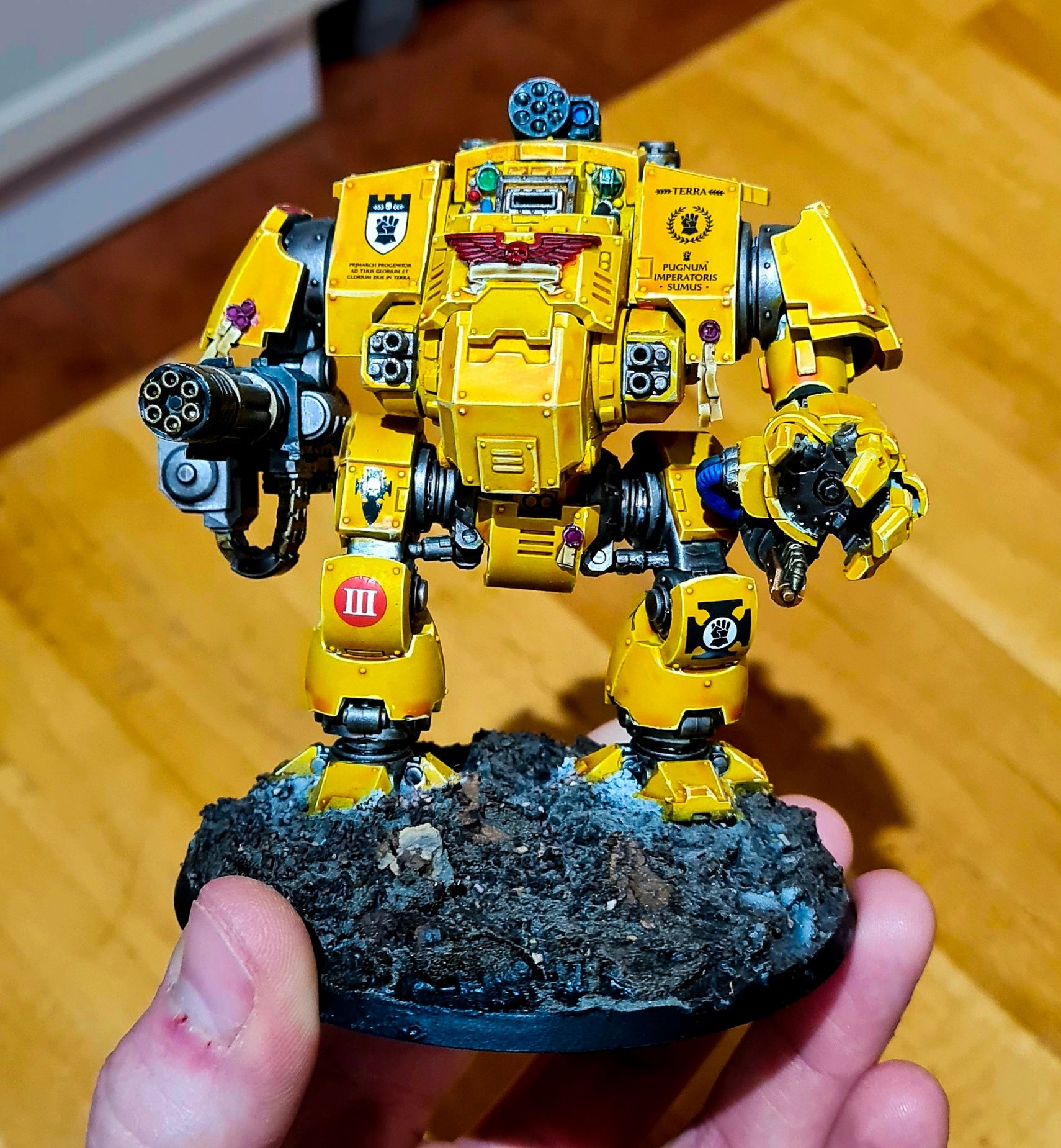 Imperial Fists Redemptor dreadnought model ready to serve