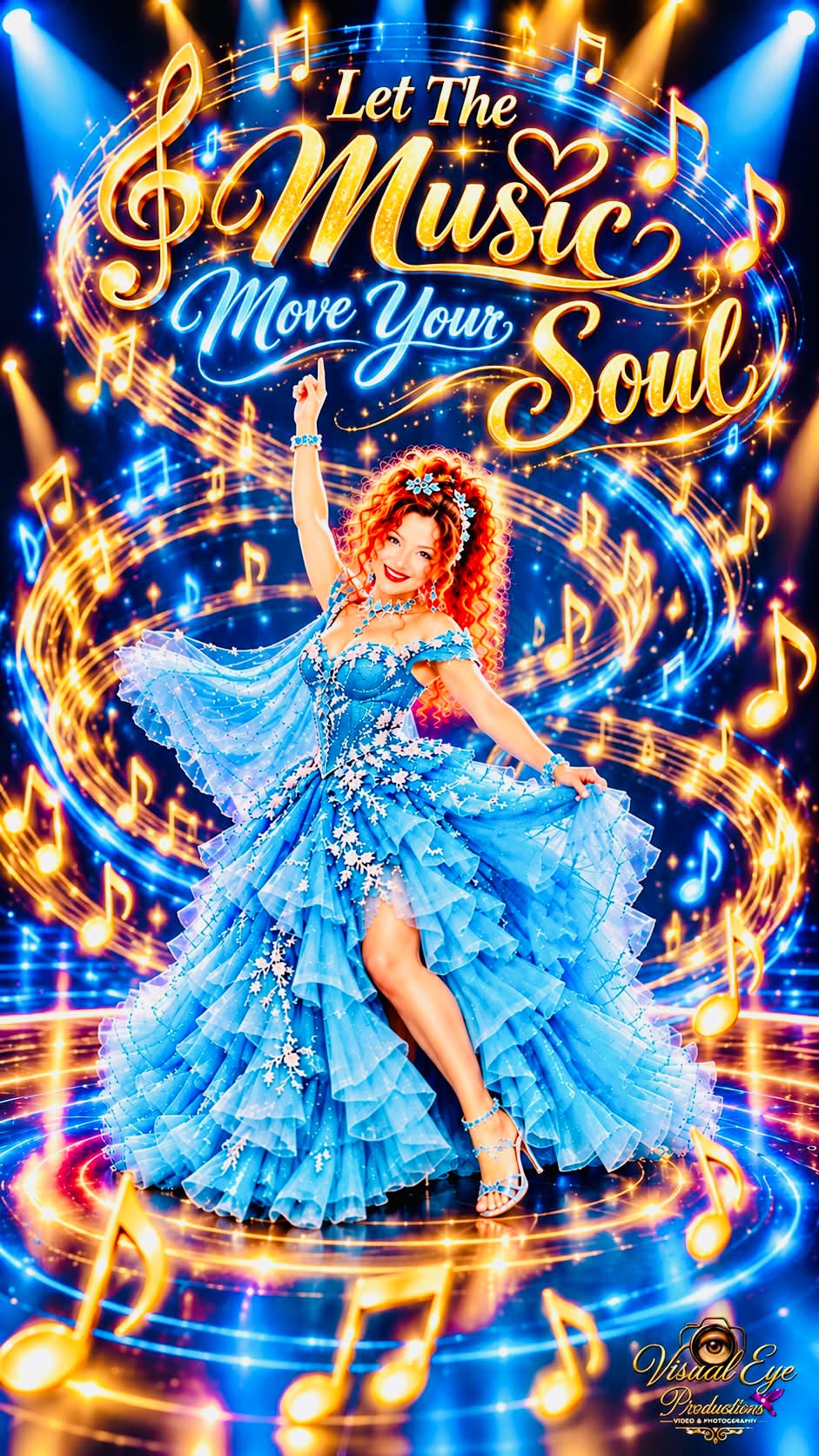 dancing in your blue dress swaying to the music Glamorous woman royal-blue ball gown surrounded by musical notes 4 Chic Ways to style:Empire Shoe Size:EU39/ UK6/ US8/ AU8.5