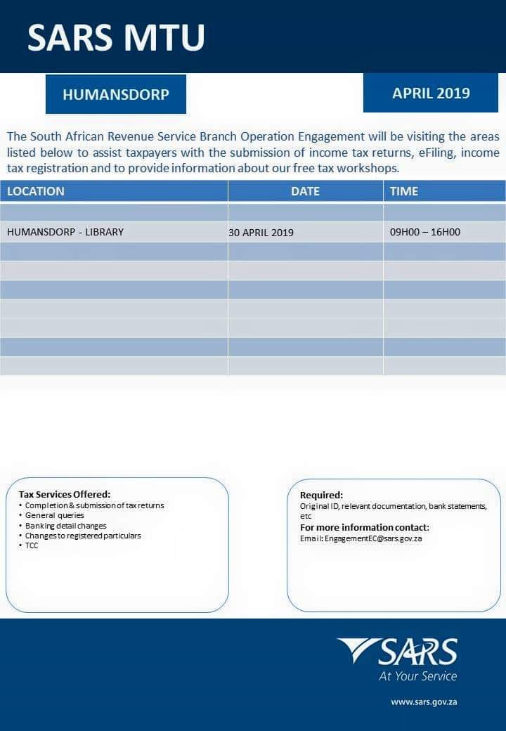 Kouga - SARS TO VISIT HUMANSDORP - 30 APRIL SARS will be at the ...