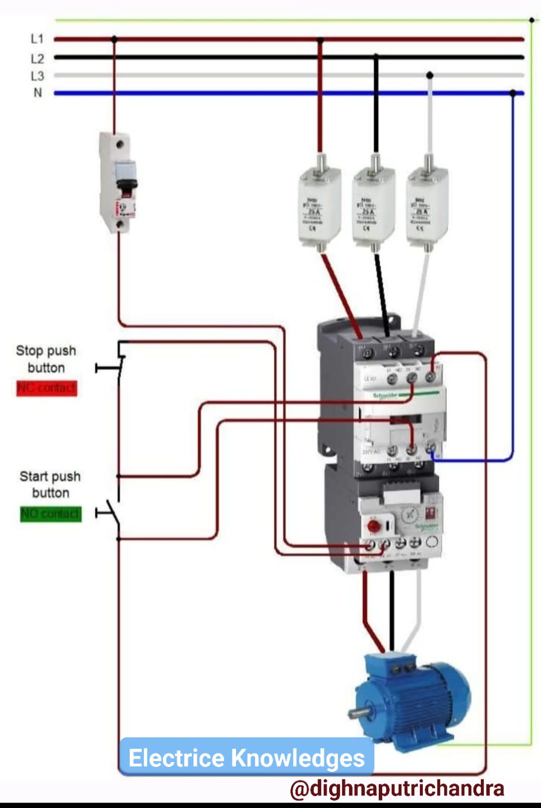 Electrician | The image shows a three-phase motor control circuit using ...