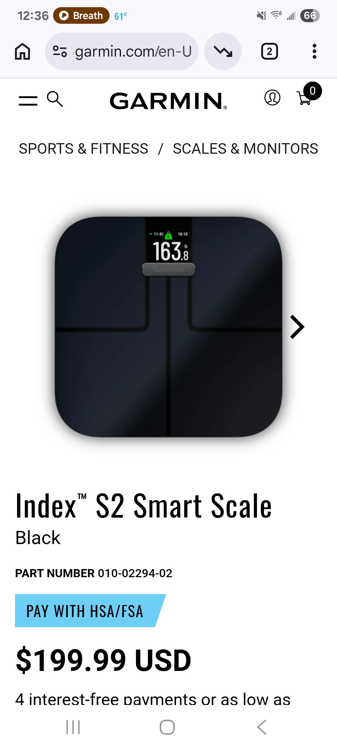 健康用品 ガーミン Index S2 Smart Scale Black