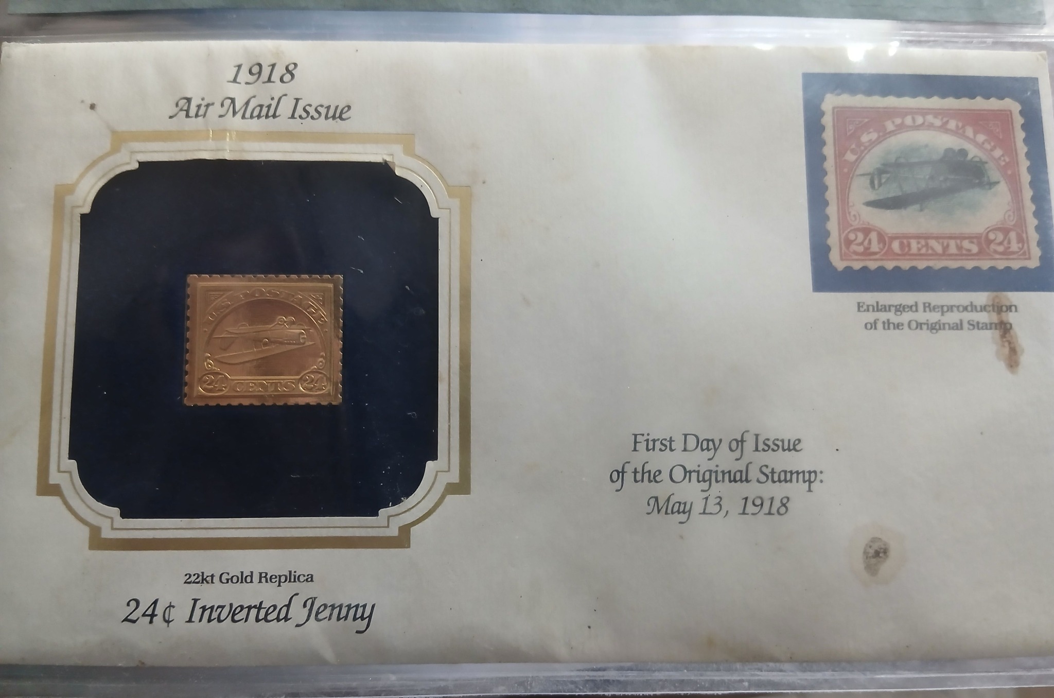 1918 Air mail Issue 22kt Gold Replica. 24 c Inverted Jenny.