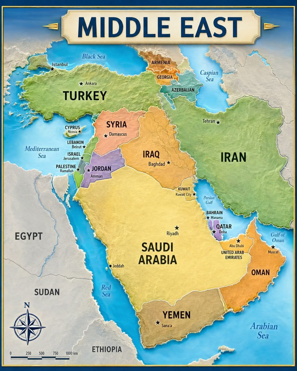 🗺️ Political Map of the Middle East The Middle East — a