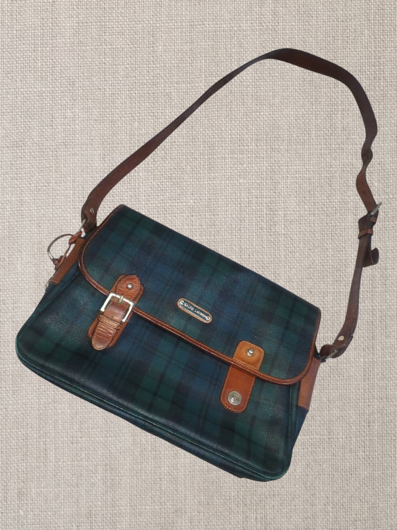 vintage polo messenger bag with black watch tartan
