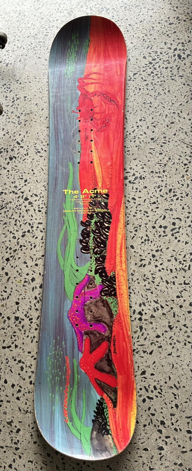 1993 Lib Tech Acme snowboard with custom bindings