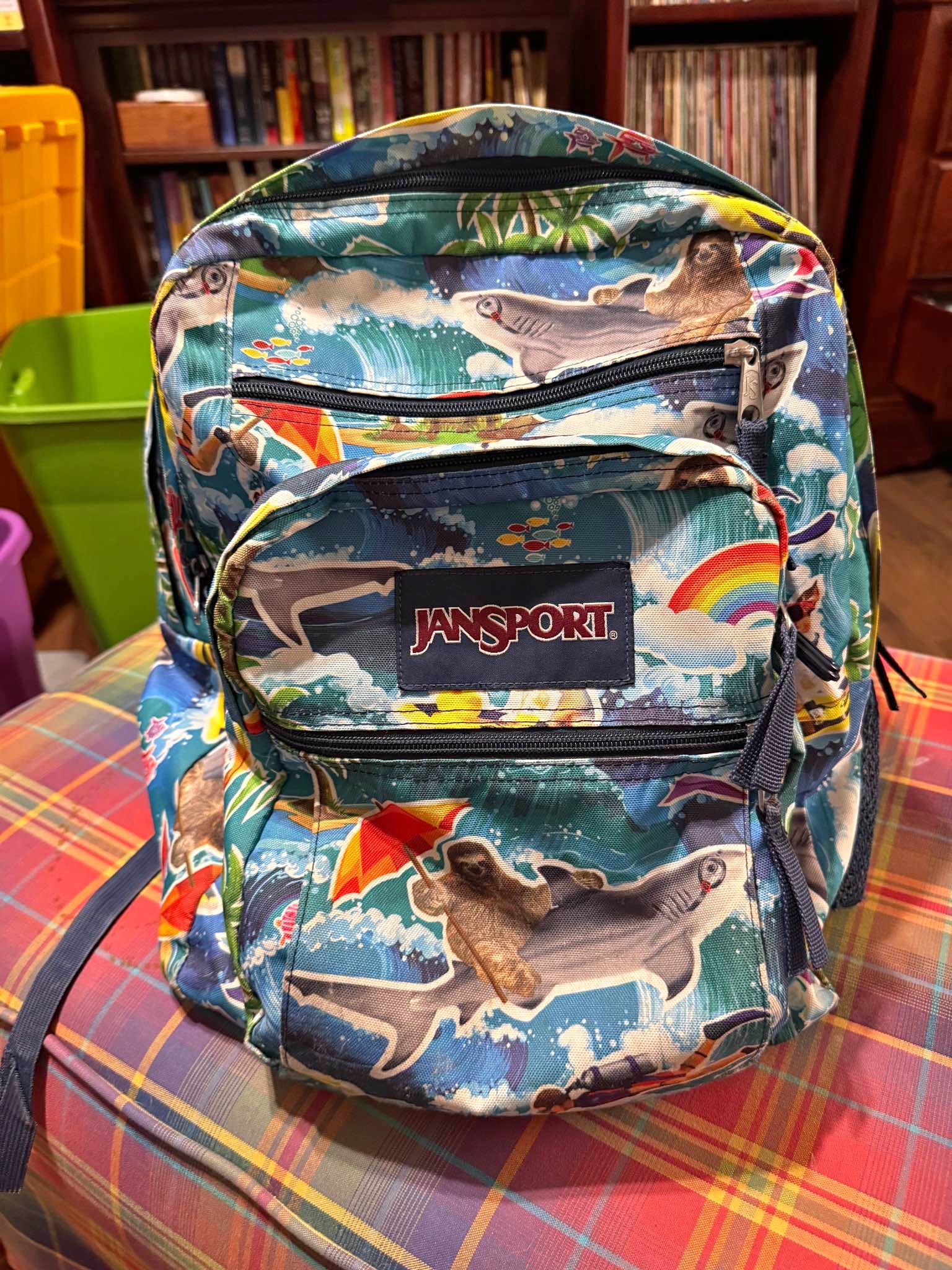 jansport backpack shark sloth Big Student Dark Slate Seahorse  Cotton canvas with quilted stitching and polyester interior lining Please measure carefully Jansport Sloth Riding Shark Tropical...