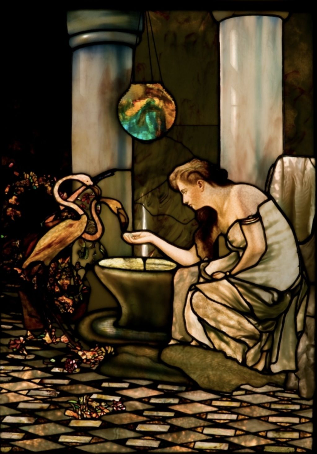 Tiffany window with parakeets and gold fish bowl at Museum of Fine