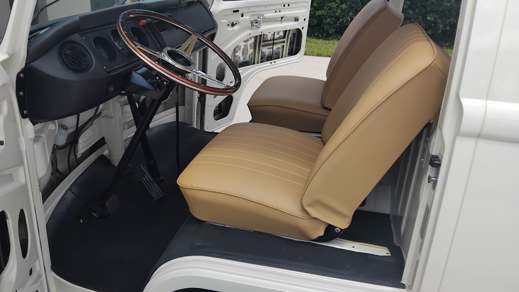 VW T2 bus front seats installed with Muirhead leather