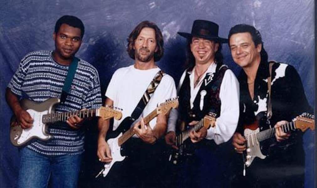 Stevie Ray Vaughan backstage at Alpine Valley with Robert Cray