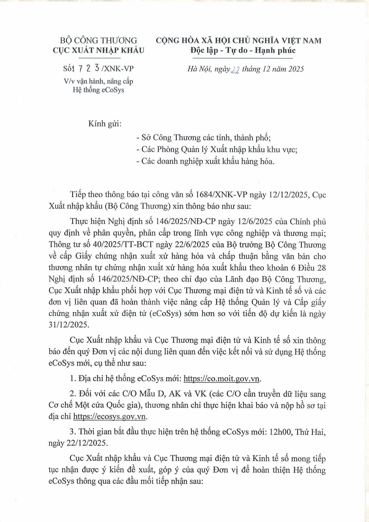 Xuất nhập khẩu Logistics | CÔNG VĂN 723/XNK-VP NGÀY 22 tháng 12 năm ...