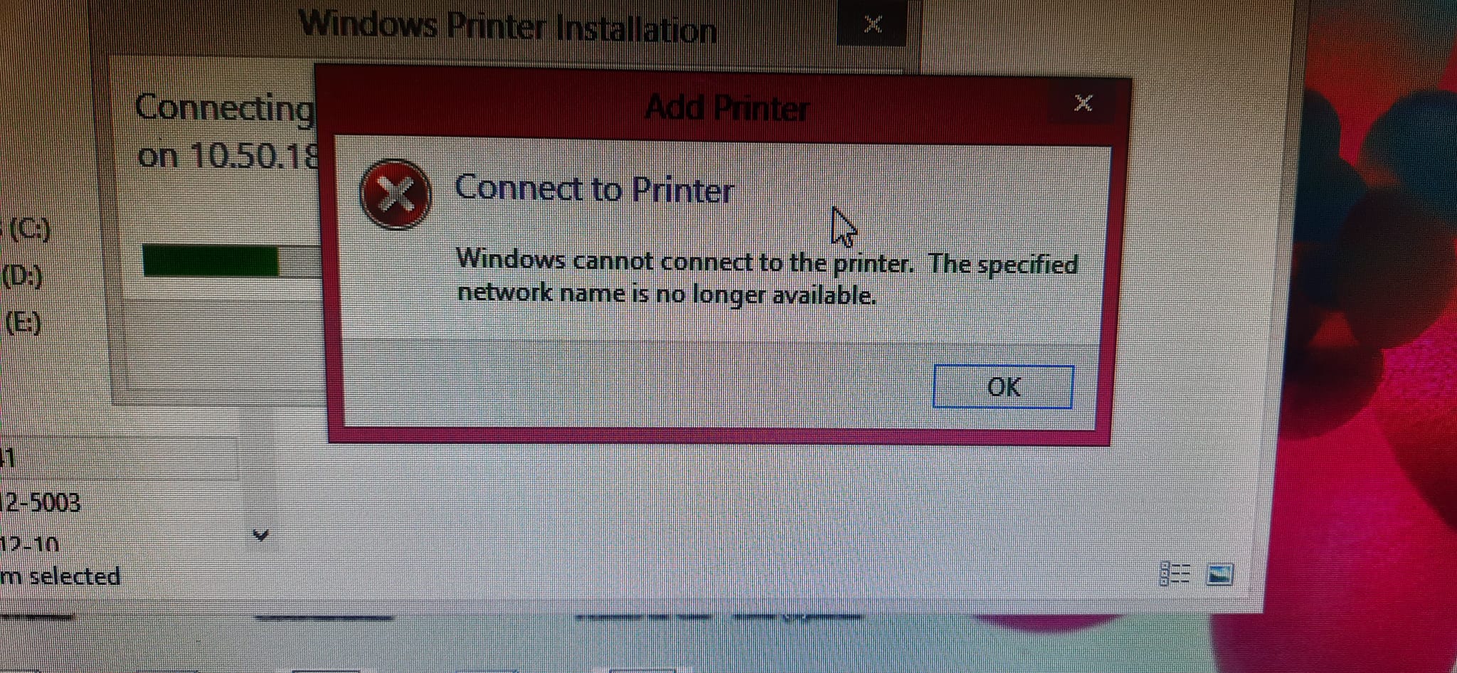 Why does network printer connection show error message on other PCs?