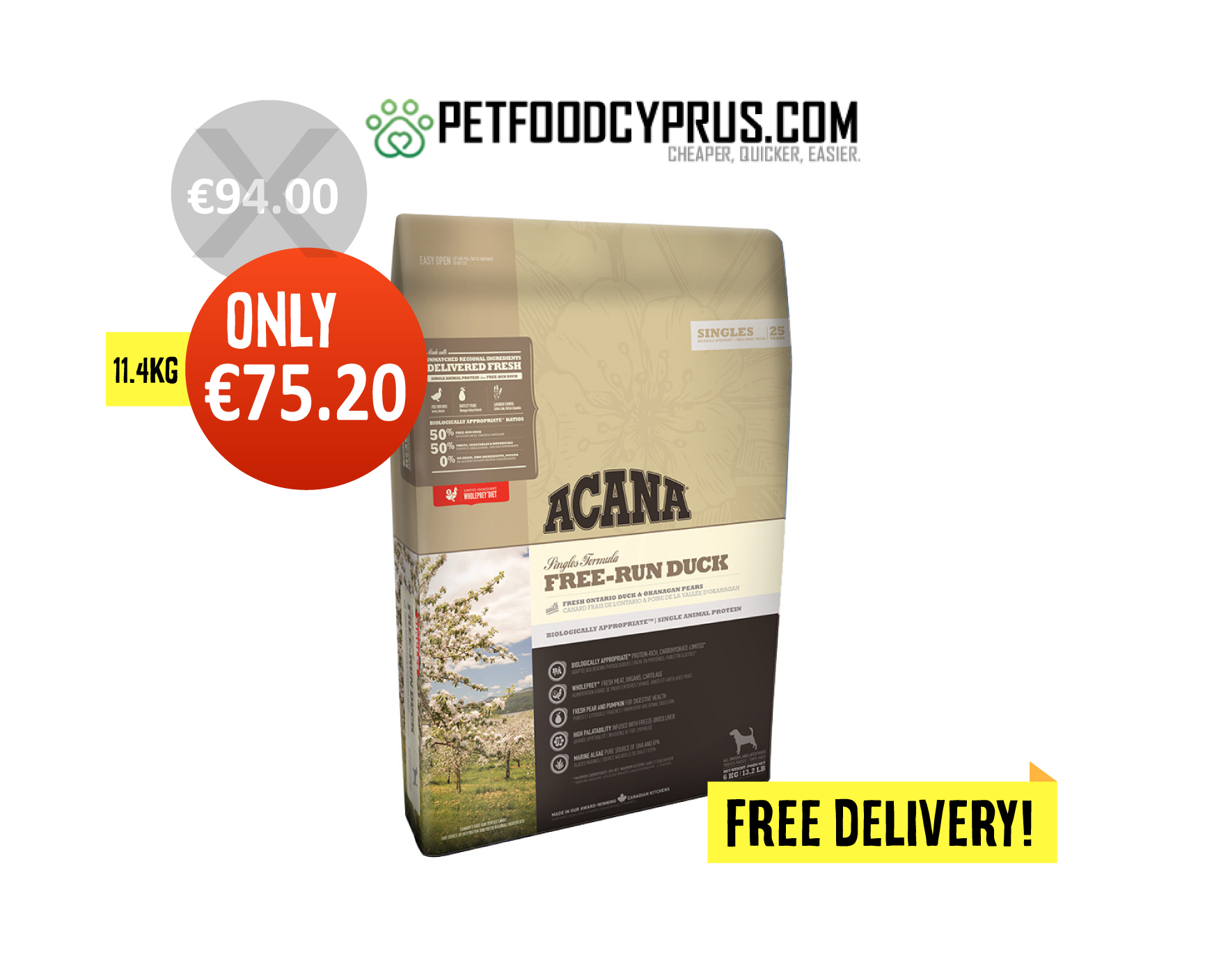 ACANA Free-Run Duck is a limited ingredient food featuring 50