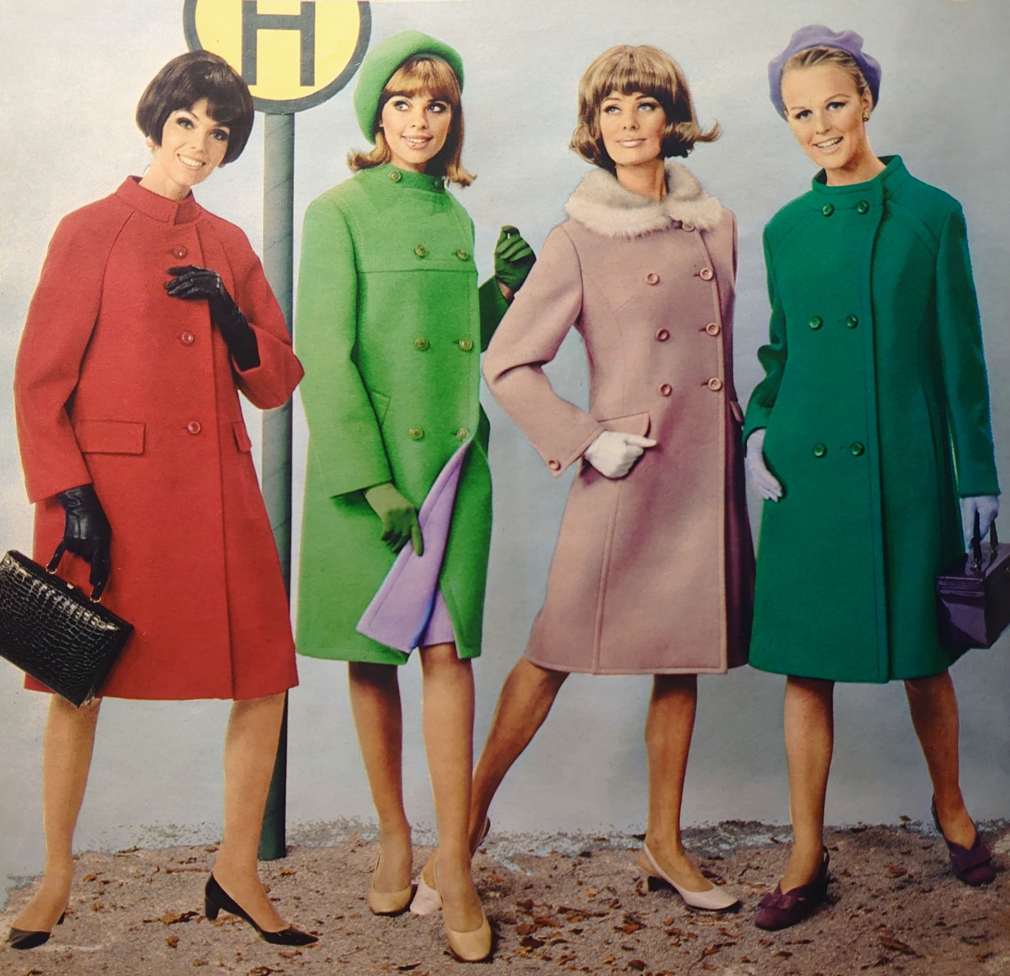 Coat fashion from 1967. Note in particular the green coat with 