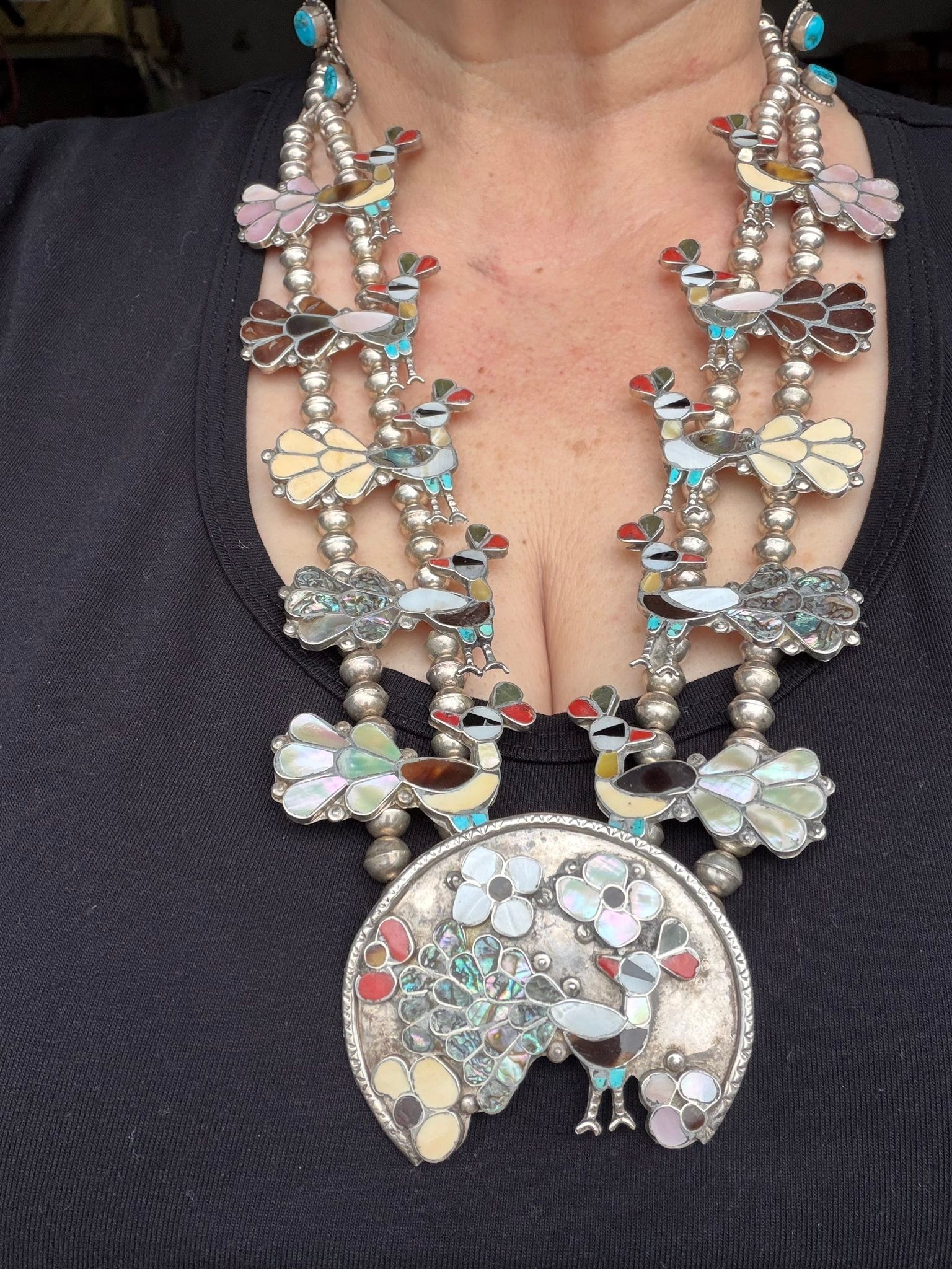 Stunning Zuni peacock necklace by Adaline Yawakia