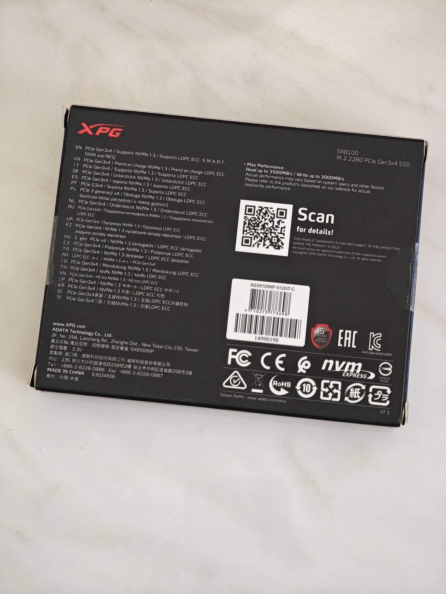 XPG SX8100 512GB M.2 SSD features