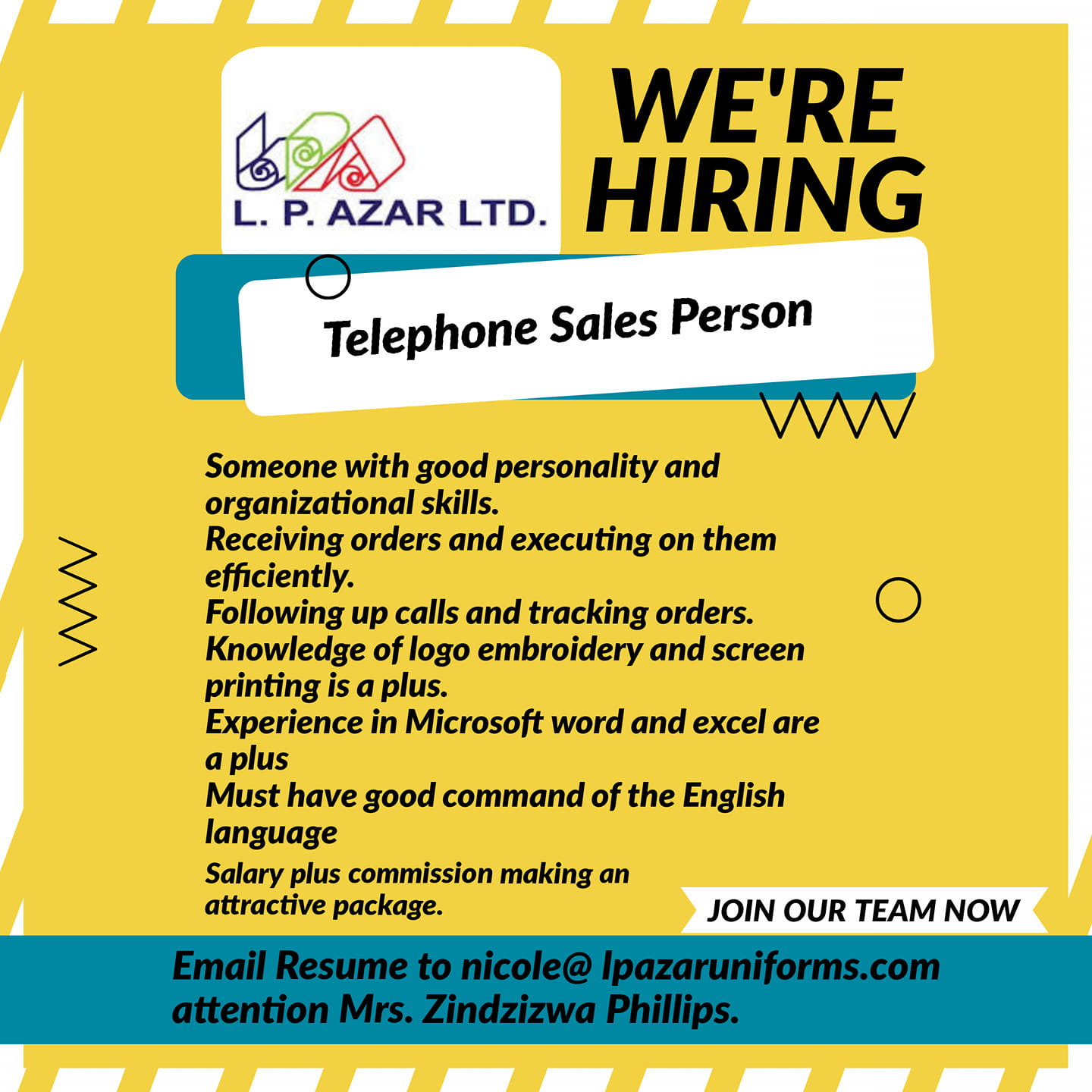 LP Azar Ltd. - We're Hiring, Telephone Sales Person